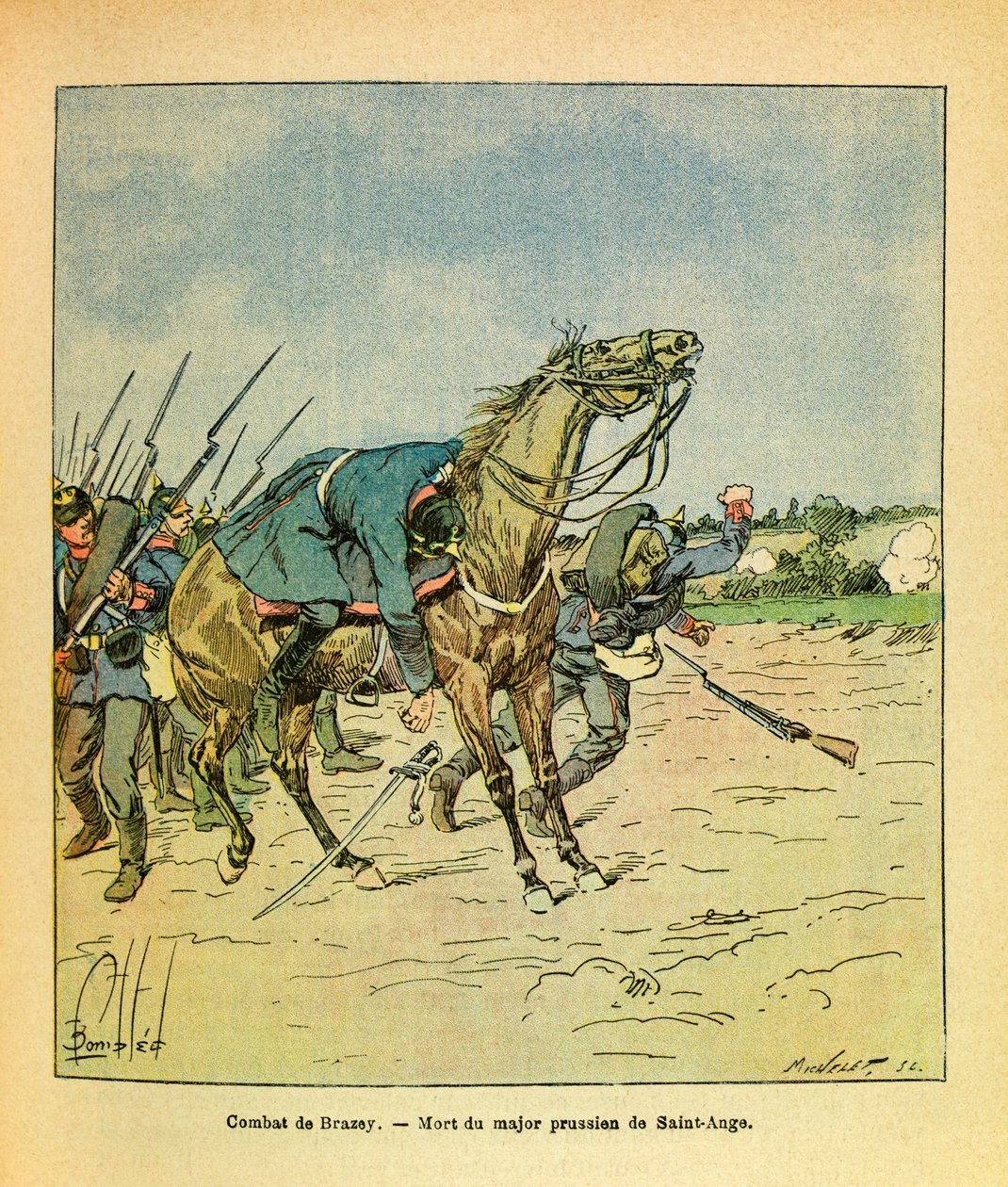 Eugene Sergeantin itäarmee, joka tunnetaan nimellä Grenest, kuvannut Louis Bombled (1862-1927) (Ranskan ja Saksan sota; kampanja 1870-1871): Marraskuussa 1870 Brazeyn taistelujen aikana Preussin majuri Saint Ange ammuttiin alas, Yksityinen kokoelma tekijältä Louis Charles Bombled