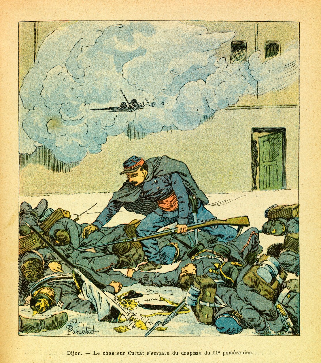 Eugene Sergeantin itäarmee, joka tunnetaan nimellä Grenest, kuvittanut Louis Bombled (1862-1927) (Ranskan ja Saksan sota; kampanja 1870 -1871): Dijon, tammikuu 1871, metsästäjä Victor Curtat takavarikoi 61 Pomeranian lipun, yksityinen Kokoelma tekijältä Louis Charles Bombled