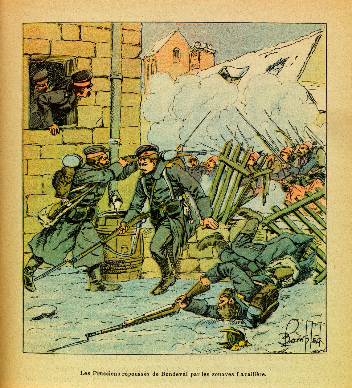Eugene Sergeantin itäinen armee, joka tunnetaan nimellä Grenest, kuvannut Louis Bombled (1862-1927) (Ranskan ja Saksan sota; kampanja 1870 -1871): Tammikuu 1871, preussilaiset työnsivät takaisin Bondevalin kylästä Zouaves Lavallieren toimesta, Yksityinen k tekijältä Louis Charles Bombled