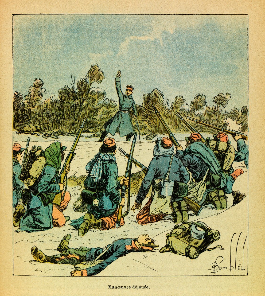Eugene Sergeantin itäinen armeija, joka tunnetaan nimellä Grenest, kuvannut Louis Bombled (1862-1927) (Ranskan ja Saksan sota; kampanja 1870 -1871): tammikuu 1871, Hericourt, ranskalaiset preussialaisia vastaan, yksityinen kokoelma tekijältä Louis Charles Bombled