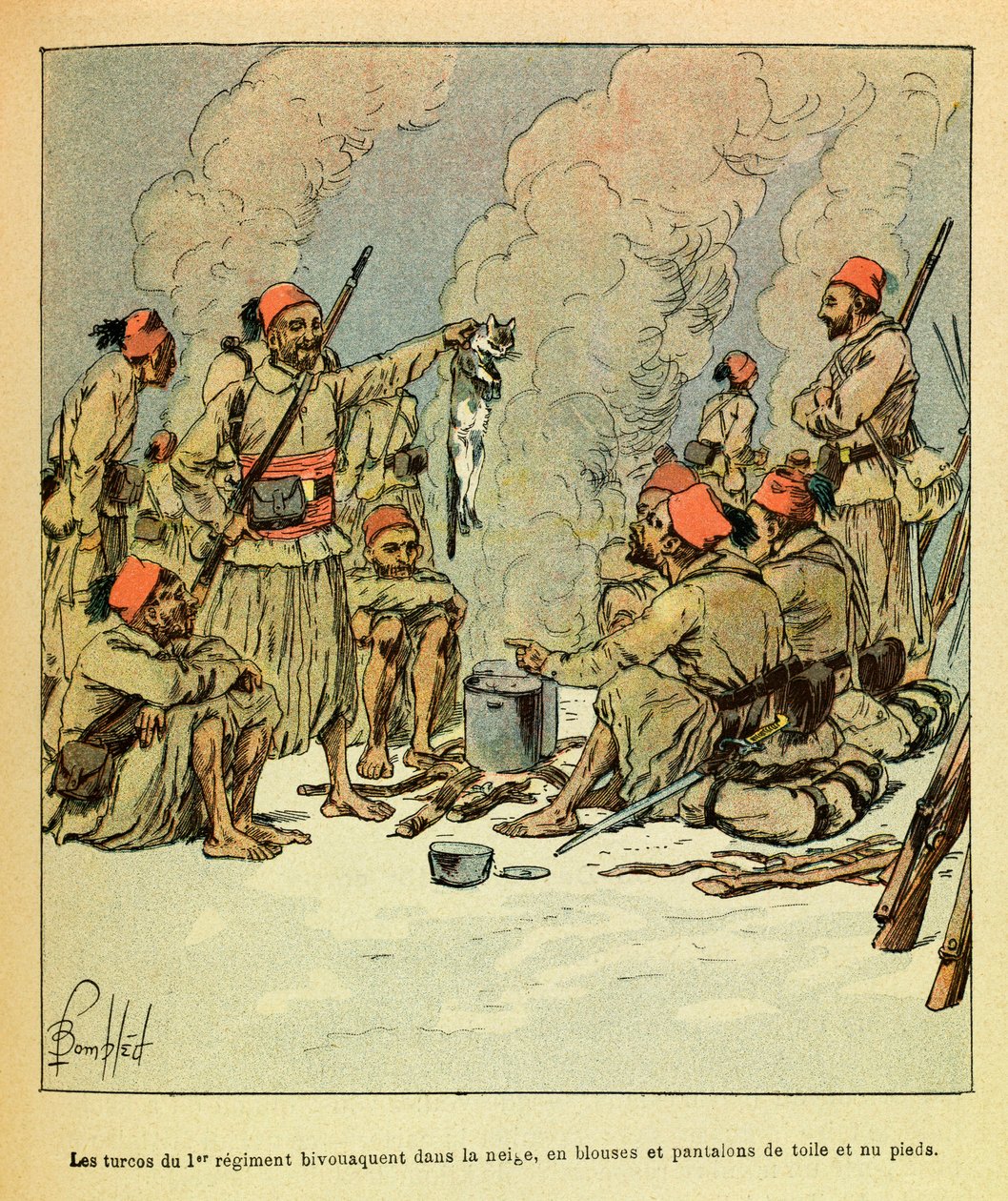Eugene Sergeantin itäarmee, joka tunnetaan nimellä Grenest, kuvittanut Louis Bombled (1862-1927) (Ranskan ja Saksan sota; kampanja 1870 -1871): Tammikuu 1871, 1. rykmentin turcot bivouaent lumessa, puseroissa ja housut kankaasta ja paljas maksu tekijältä Louis Charles Bombled