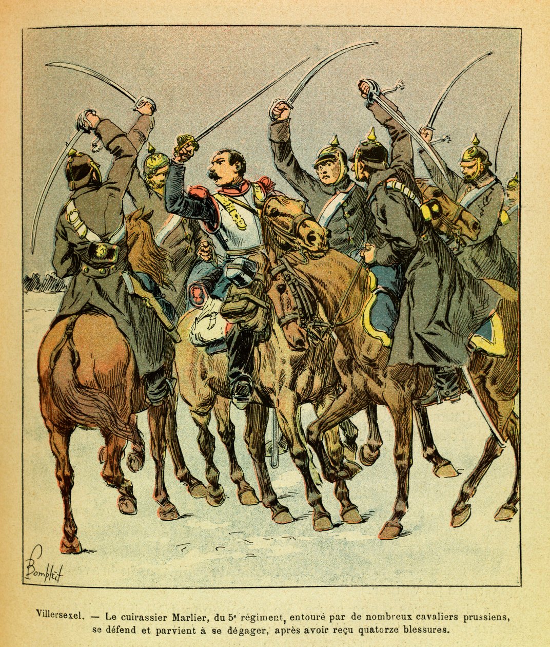 Eugene Sergeantin itäinen armeija, joka tunnetaan nimellä Grenest, kuvannut Louis Bombled (1862-1927) (Ranskan ja Saksan sota; kampanja 1870 -1871): Villersexelin taistelun aikana 5. rykmentin taistelulaiva Marlier preussilaisten ympäröimänä , onnistui tekijältä Louis Charles Bombled
