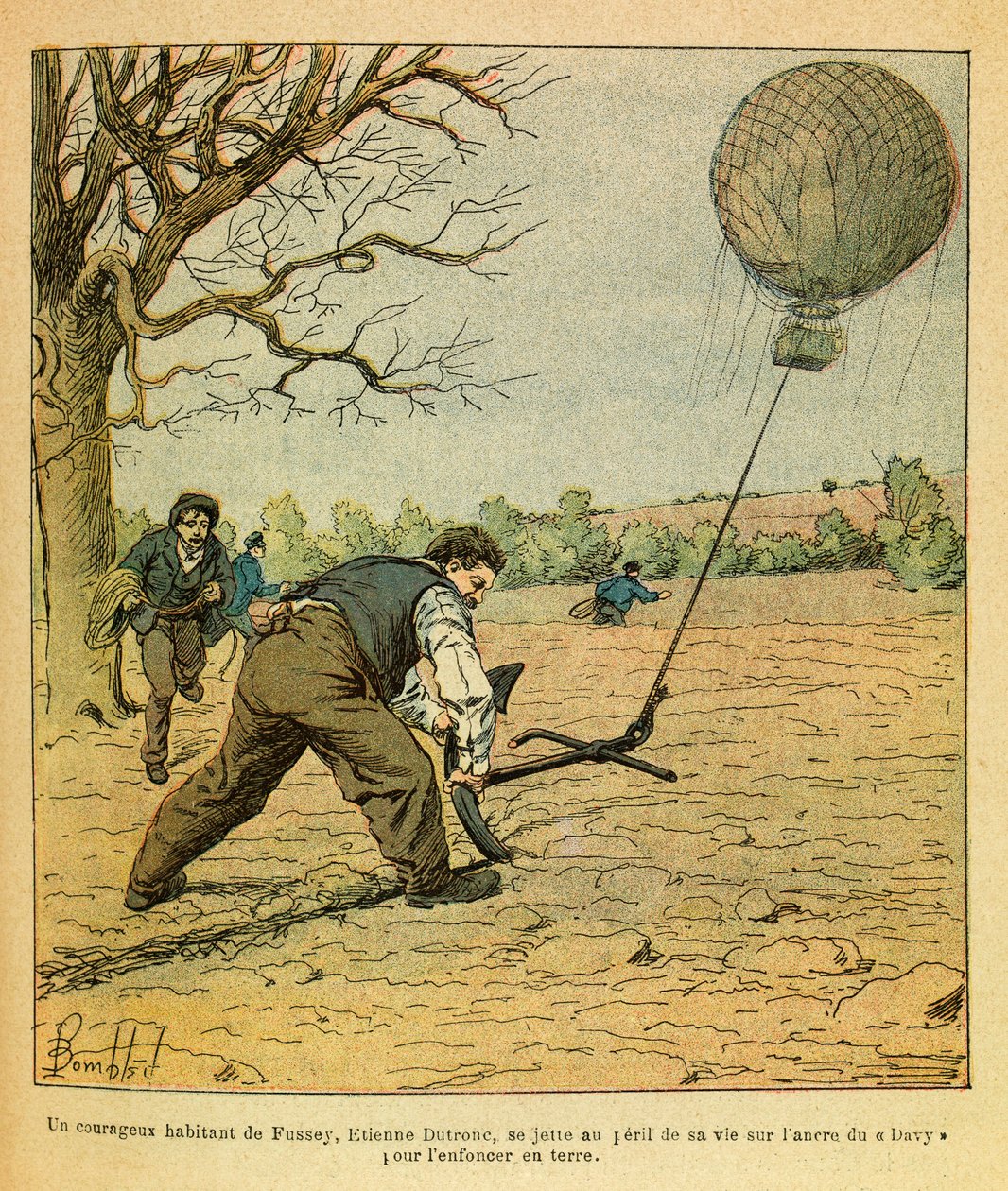 Eugene Sergeantin itäarmee, joka tunnetaan nimellä Grenest, kuvittanut Louis Bombled (1862-1927) (Ranskan ja Saksan sota; kampanja 1870 -1871): Yön taistelu Saint Georges; talonpojat yrittävät pitää havaintoilmapalloa, Private Collection tekijältä Louis Charles Bombled