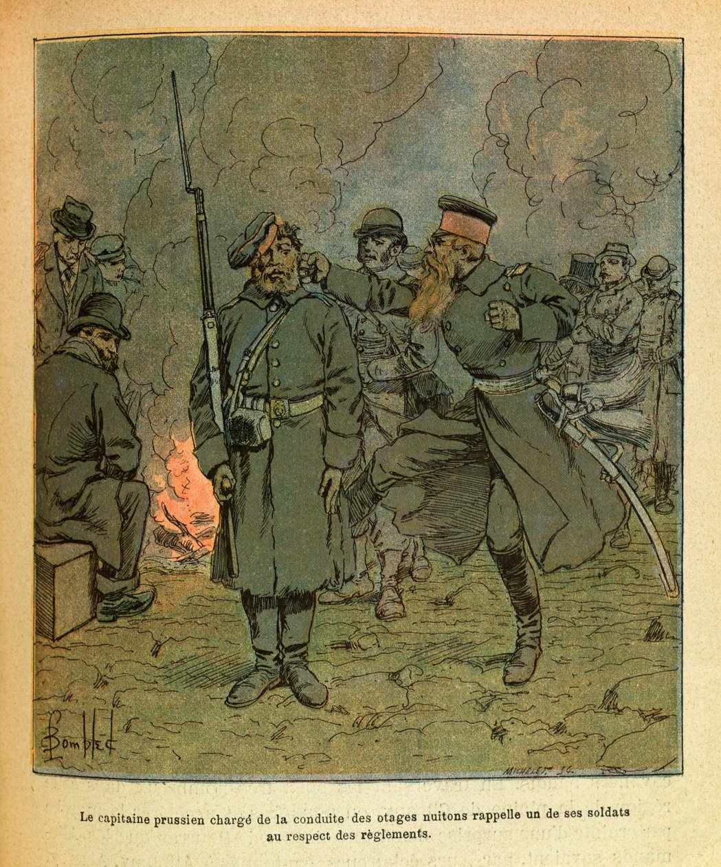 Eugene Sergeantin itäinen armee, joka tunnetaan nimellä Grenest, kuvannut Louis Bombled (1862-1927) (Ranskan ja Saksan sota; kampanja 1870-1871): Nuits Saint Georgesin panttivankien käytöksestä vastaava preussilainen kapteeni muistaa yhden hänen sotilaista tekijältä Louis Charles Bombled