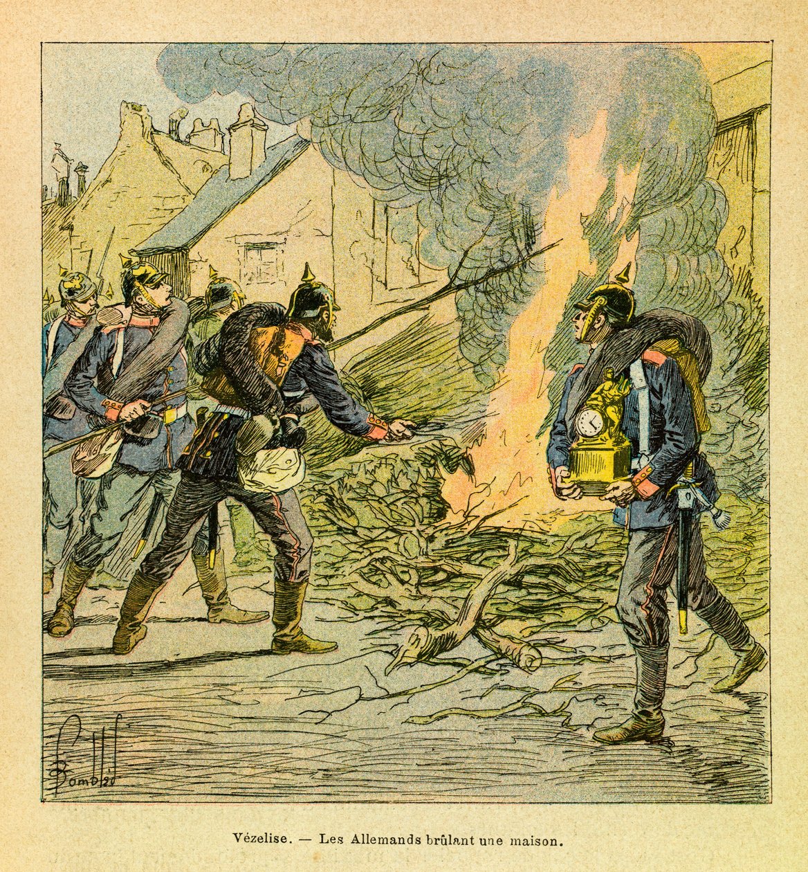 Eugene Sergeantin itäinen armee, joka tunnetaan nimellä Grenest, kuvittanut Louis Bombled (1862-1927) (Ranskan ja Saksan sota; kampanja 1870-1871): Vezelisessä preussilaiset polttavat talon valloitettuaan kaupunkiin, Yksityinen kokoelma tekijältä Louis Charles Bombled