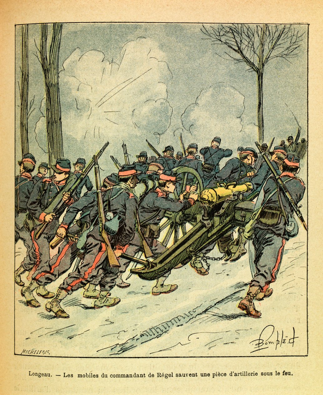 Eugene Sergeantin itäinen armeija, joka tunnetaan nimellä Grenest, kuvannut Louis Bombled (1862-1927) (Ranskan ja Saksan sota; kampanja 1870-1871): Joulukuu 1870, Longeaun taistelun aikana, Regelin komentajan motiivit pelastettiin tykki vihollisen kuusen a tekijältä Louis Charles Bombled