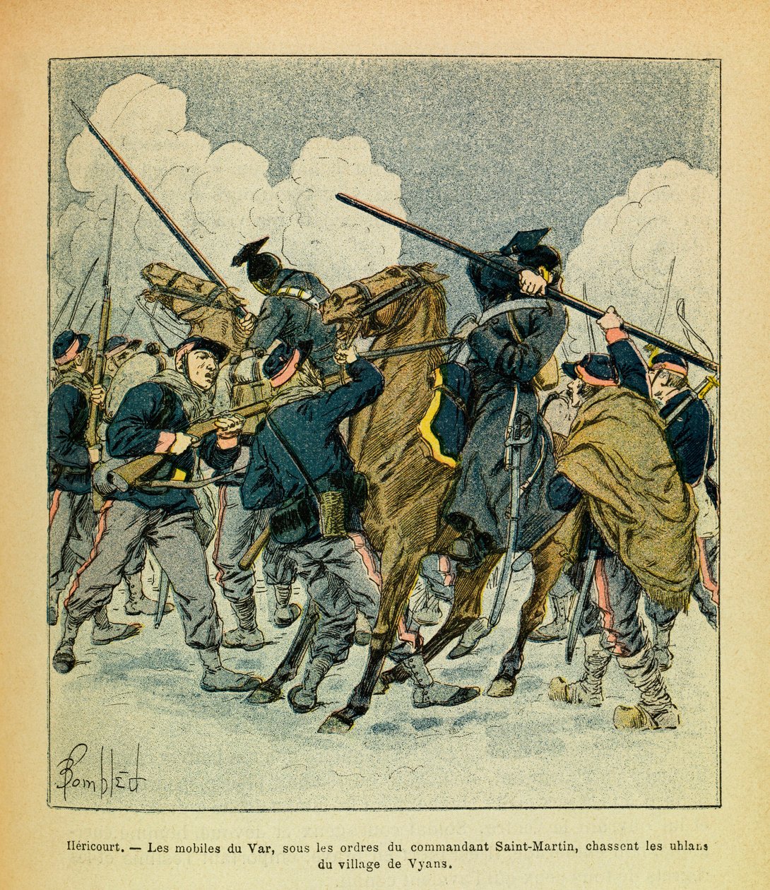 Eugene Sergeantin itäinen armeija, joka tunnetaan nimellä Grenest, kuvannut Louis Bombled (1862-1927) (Ranskan ja Saksan sota; kampanja 1870 -1871): tammikuu 1871, Hericourt, Varin motiivit komentajan käskystä Saint Martin, metsästä Uhlans f tekijältä Louis Charles Bombled