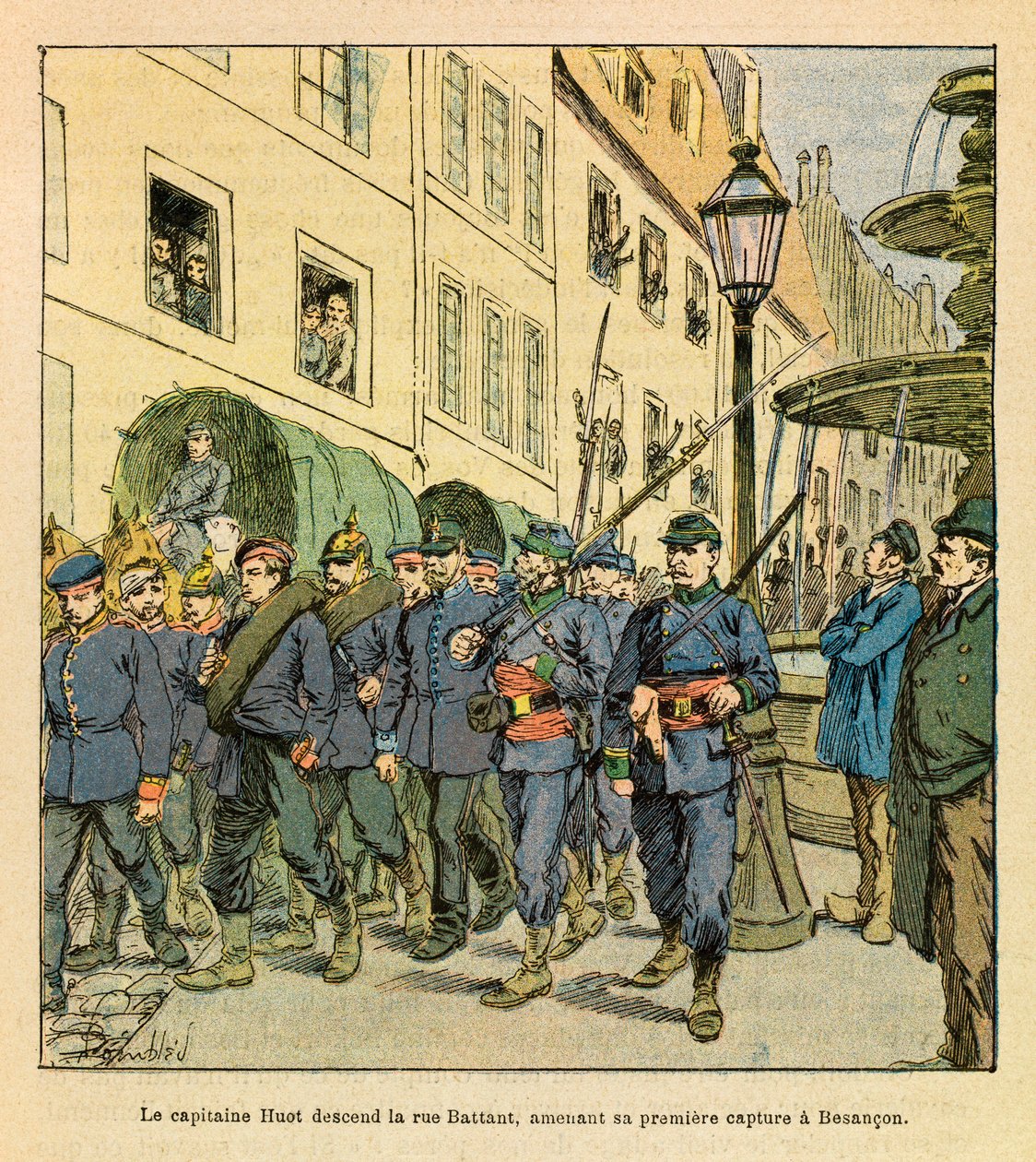 Eugene Sergeantin itäinen armeija, joka tunnetaan nimellä Grenest, kuvannut Louis Bombled (1862-1927) (Ranskan ja Saksan sota; kampanja 1870-1871): Kapteeni Huot laskeutuu Rue Battantille Besanconissa preussilaisten vankien kanssa, jotka on vangittu Bethon tekijältä Louis Charles Bombled