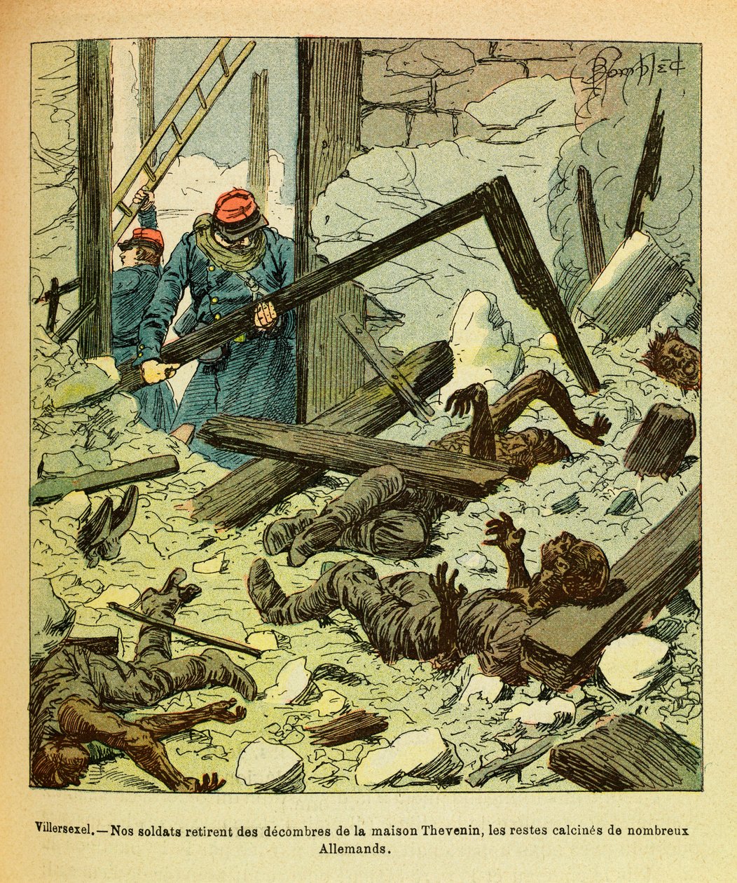 Eugene Sergeantin itäinen armee, joka tunnetaan nimellä Grenest, kuvannut Louis Bombled (1862-1927) (Ranskan ja Saksan sota; kampanja 1870 -1871): Tammikuu 1871, Villersexelin taistelu, ranskalaiset sotilaat poistavat talosta saksalaisten jäänteet sotilaat tekijältä Louis Charles Bombled