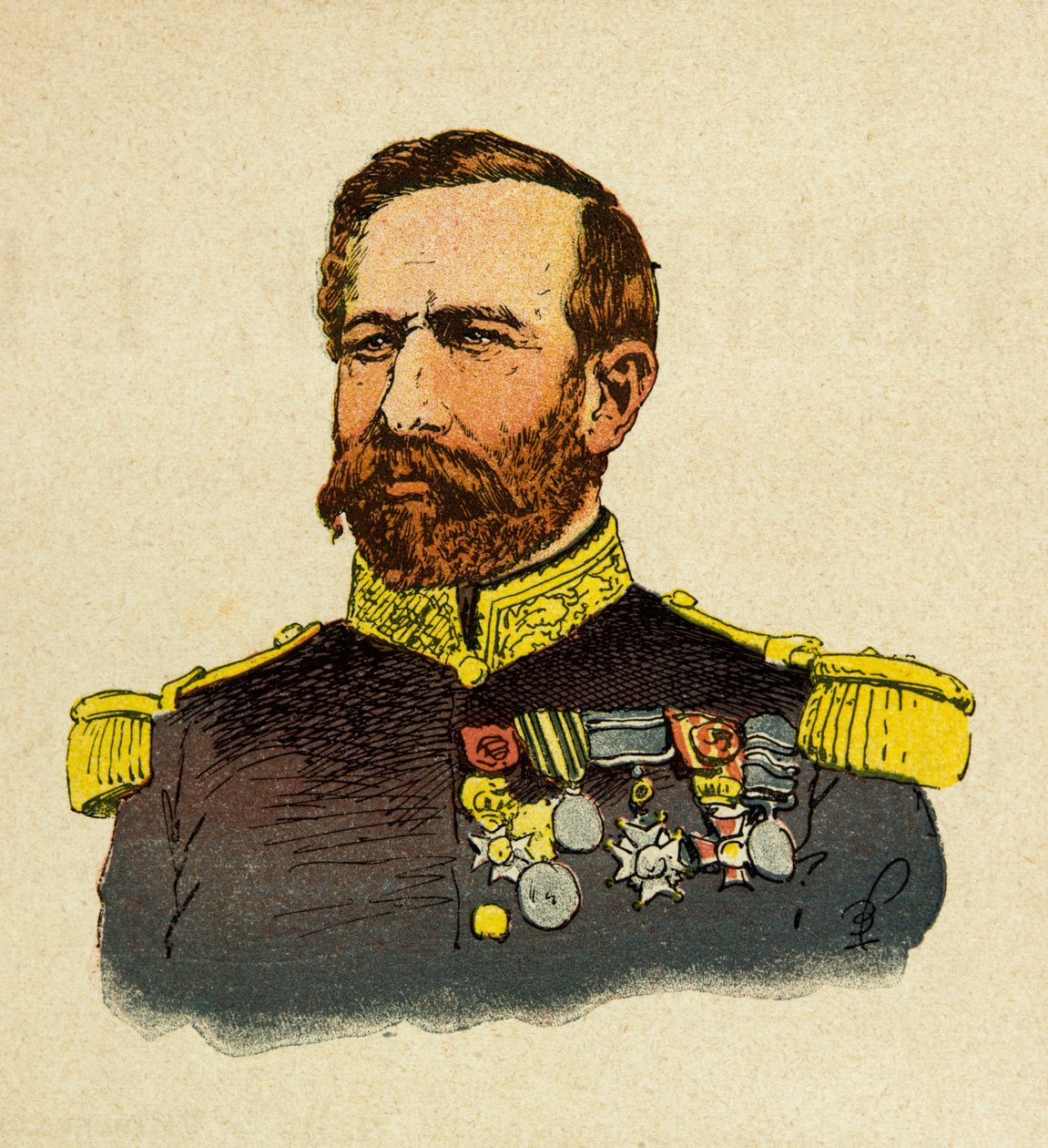 Louis Bombledin (1862-1927) kuvittama Eugene Sergeantin Itäinen armeija, joka tunnetaan nimellä Grenest (Ranskan ja Saksan sota; kampanja 1870-1871): Kenraali Bourbakin (1816-1897) muotokuva, yksityiskokoelma. tekijältä Louis Charles Bombled