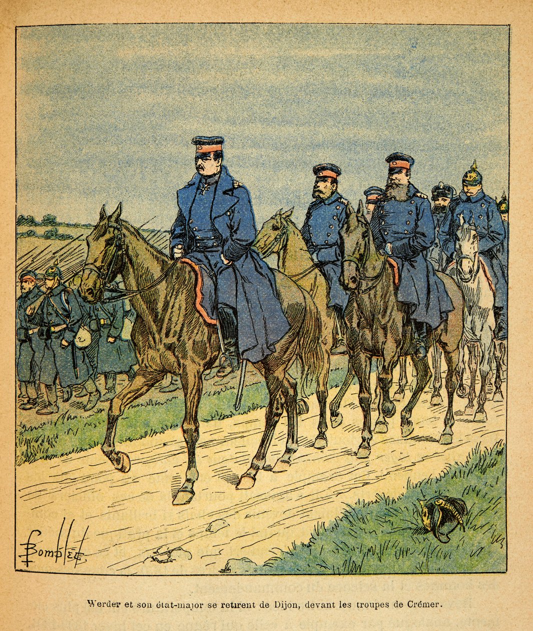 Eugene Sergeantin itäinen armeija, joka tunnetaan nimellä Grenest, kuvannut Louis Bombled (1862-1927) (Ranskan ja Saksan sota; kampanja 1870 -1871): kenraali Werder ja hänen Dijonin kenraali esikunta ennen kenraali Cremerin joukkoja, yksityinen kokoelma tekijältä Louis Charles Bombled