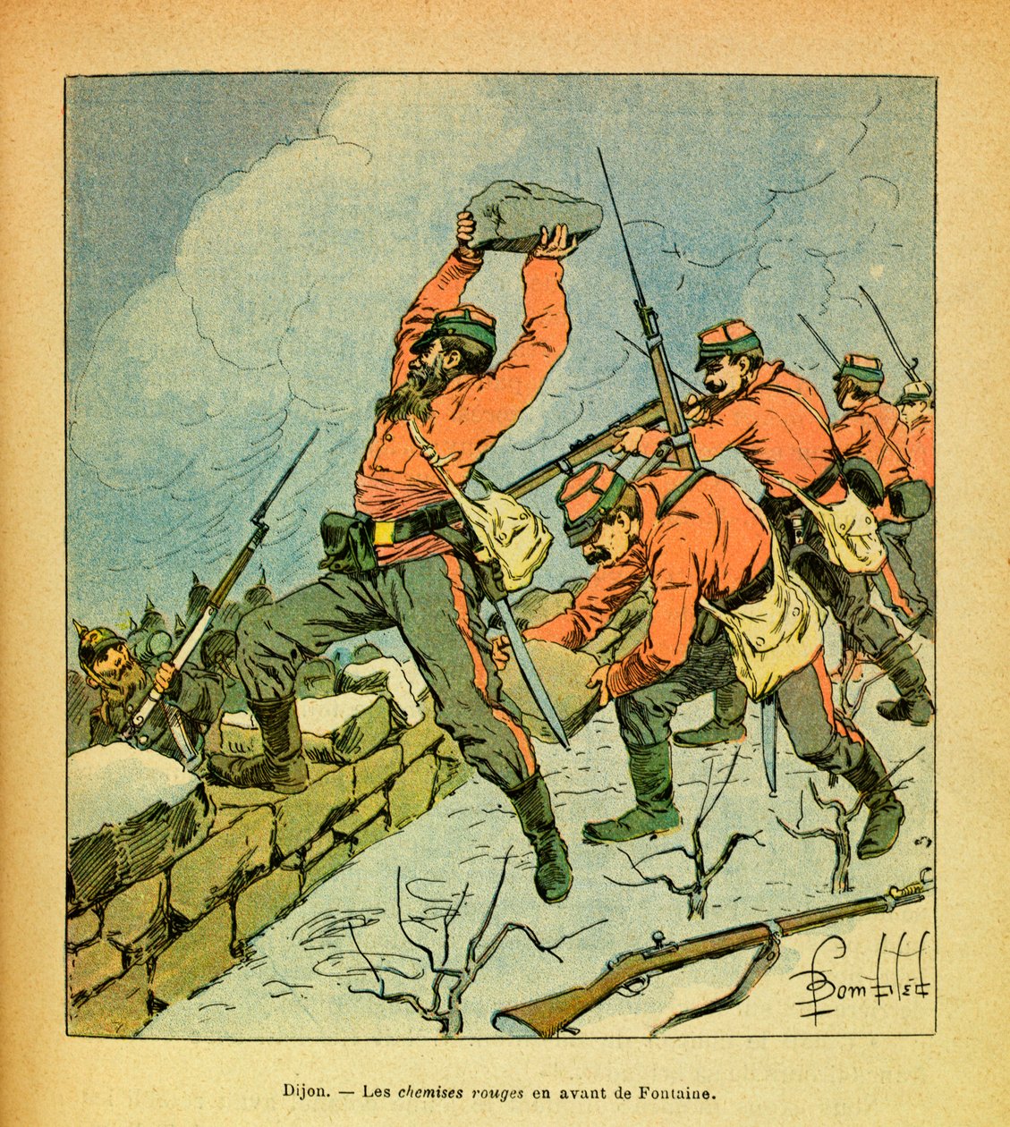 Eugene Sergeantin itäinen armeija, joka tunnetaan nimellä Grenest, kuvannut Louis Bombled (1862-1927) (Ranskan ja Saksan sota; kampanja 1870-1871): Garibaldin punaiset paidat Fontainen edessä Dijonin taisteluissa tammikuussa 1871, Yksityinen kokoelma tekijältä Louis Charles Bombled