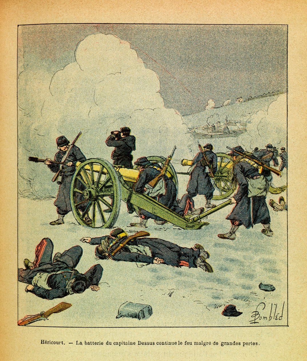 Eugene Sergeantin itäinen armee, joka tunnetaan nimellä Grenest, kuvannut Louis Bombled (1862-1927) (Ranskan ja Saksan sota; kampanja 1870 -1871): tammikuu 1871, Hericourt, kapteeni Dessuksen patteri jatkaa suurten tappioiden tulipaloa, Yksityinen kokoelma tekijältä Louis Charles Bombled