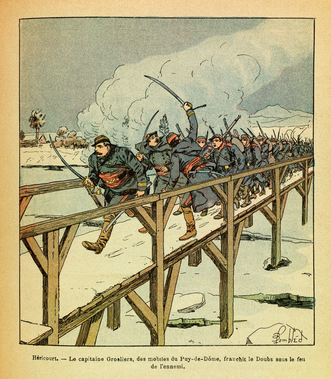 Eugene Sergeantin itäinen armee, joka tunnetaan nimellä Grenest, kuvittanut Louis Bombled (1862-1927) (Ranskan ja Saksan sota; kampanja 1870 -1871): tammikuu 1871, Hericourt, kapteeni Grosliers ja Puy de Domen motiivit ylittävät Doubsin vihollisen tulen al tekijältä Louis Charles Bombled