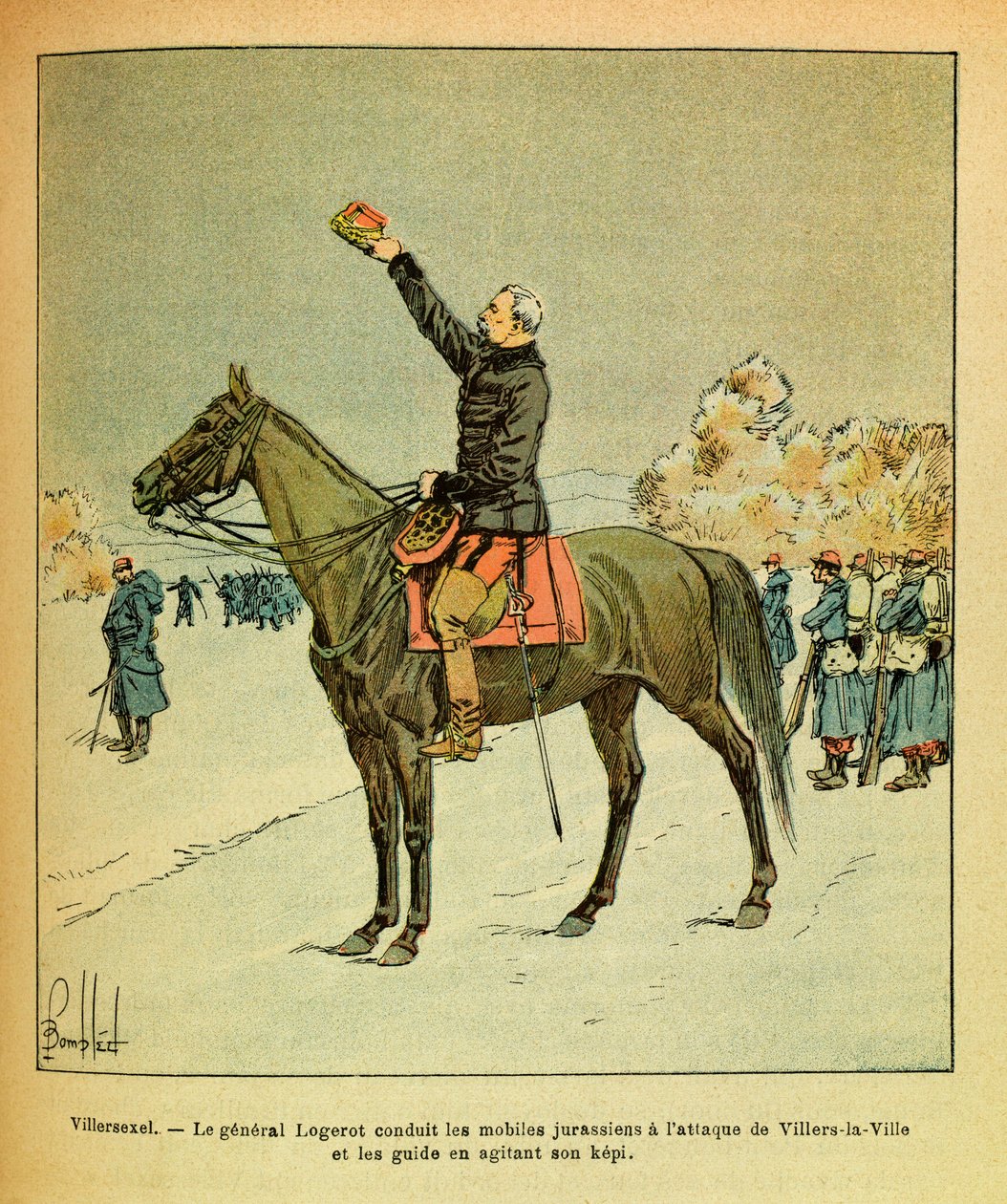 Eugene Sergeantin itäinen armeija, joka tunnetaan nimellä Grenest, kuvannut Louis Bombled (1862-1927) (Ranskan ja Saksan sota; kampanja 1870 -1871): Villersexelin taistelu, tammikuu 1871, kenraali Logerot johti jurassilaisen matkapuhelimen hyökkäykseen Vil tekijältä Louis Charles Bombled