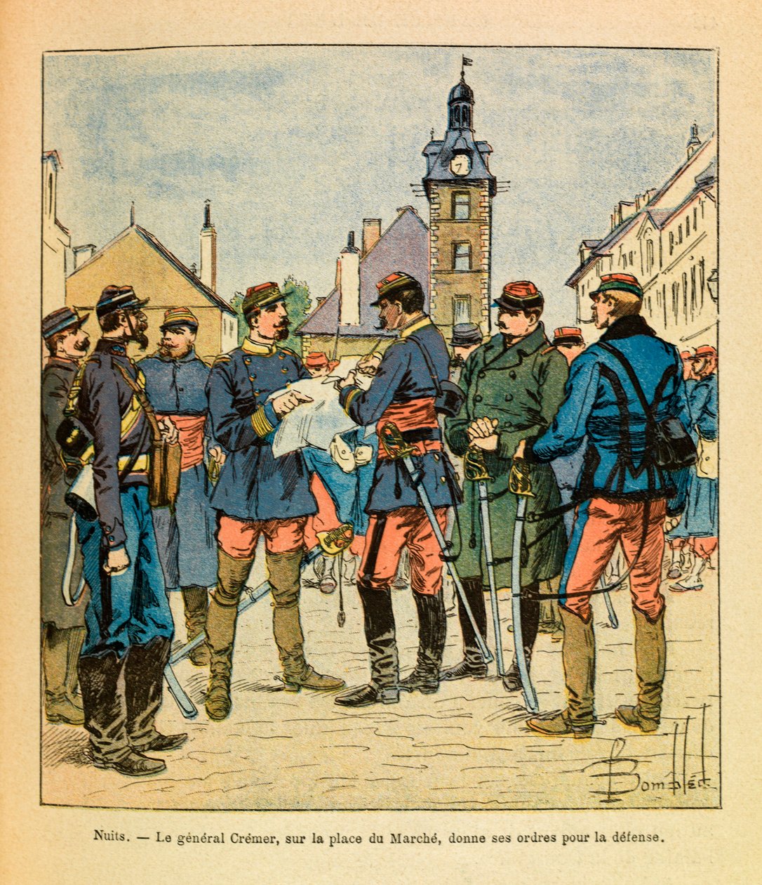 Eugene Sergeantin itäarmee, joka tunnetaan nimellä Grenest, kuvannut Louis Bombled (1862-1927) (Ranskan ja Saksan sota; kampanja 1870 -1871): Nuits Saint Georgesin taistelu; Kenraali Cremer Marchen aukiolla antaa puolustuskäskynsä, joulukuu 1870, Pr tekijältä Louis Charles Bombled