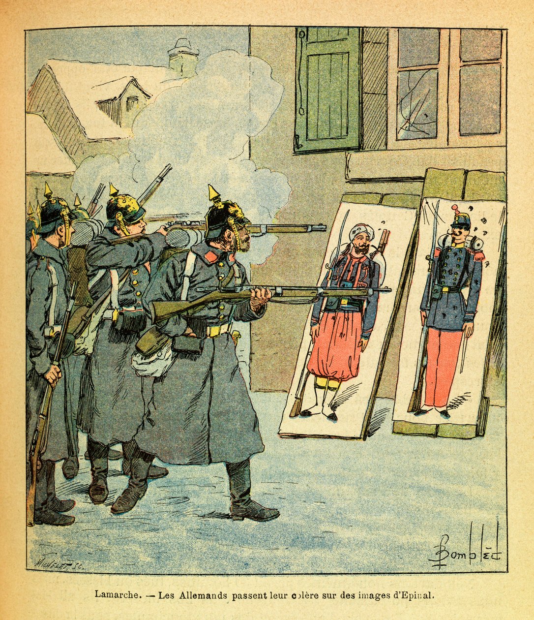 Eugene Sergeantin itäinen armeija, joka tunnetaan nimellä Grenest, kuvittanut Louis Bombled (1862–1927) (Ranskan ja Saksan sota; kampanja 1870–1871): Lamarchessa saksalaiset sotilaat käyttävät vihansa kuviin Epinalista, kokoelma osittainen. tekijältä Louis Charles Bombled