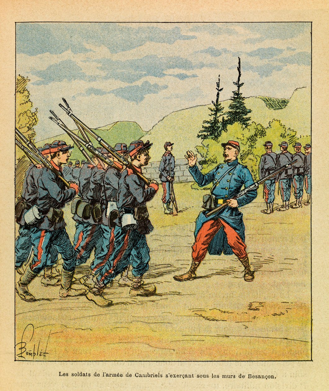 Eugene Sergeantin itäinen armee, joka tunnetaan nimellä Grenest, kuvannut Louis Bombled (1862-1927) (Ranskan ja Saksan sota; kampanja 1870 -1871): Kenraali Cambrielsin armeijan sotilaat harjoittelemassa Besanconin muurien alla, yksityinen kokoelma tekijältä Louis Charles Bombled