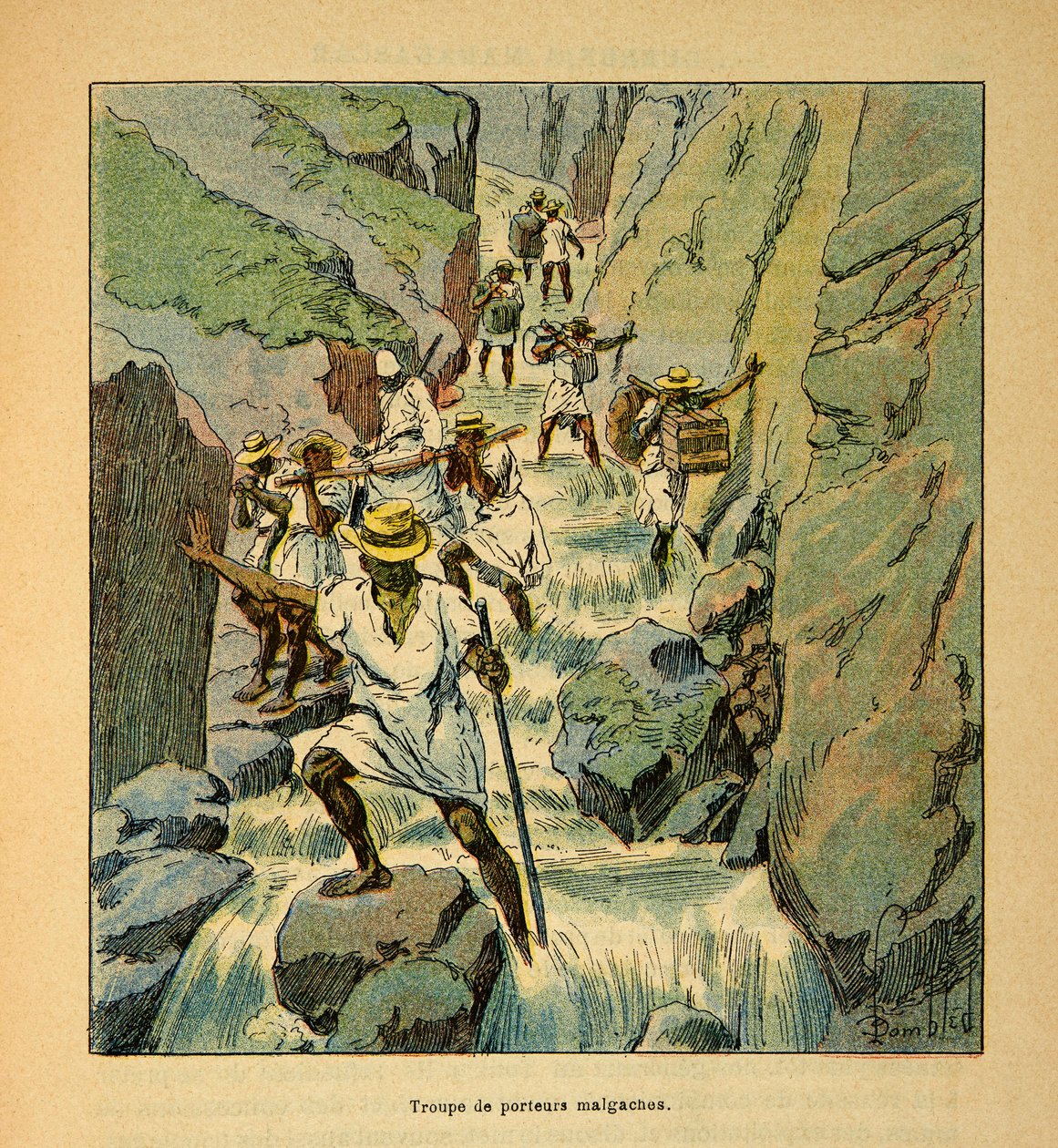 Madagaskarin sota - Henri Galli dit Galllichetin (1854-1922) ranskalaisten tutkimusretkien anekdoottinen historia, kuvittanut Louis Bombled (1862-1927): Madagaskarin kuljetusjoukot vuonna 1895, yksityinen kokoelma tekijältä Louis Charles Bombled