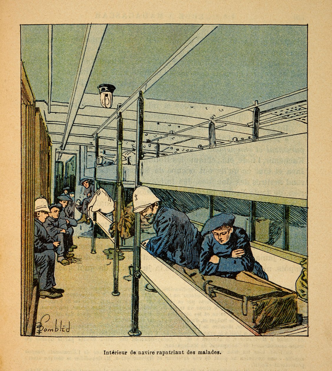 Madagaskarin sota - Henri Galli dit Galllichetin (1854-1922) ranskalaisten tutkimusretkien anekdoottinen historia, kuvittanut Louis Bombled (1862-1927): Sairaala-aluksen sisustus, joka kotiuttaa sairaita sotilaita, yksityinen kokoelma tekijältä Louis Charles Bombled