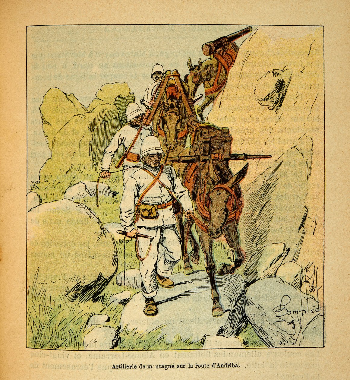 Madagaskarin sota - Henri Galli dit Galllichetin (1854-1922) ranskalaisten tutkimusretkien anekdoottinen historia, kuvittanut Louis Bombled (1862-1927): Vuoristotykistö Andriba-tiellä Madagaskarille vuonna 1895, yksityinen kokoelma tekijältä Louis Charles Bombled