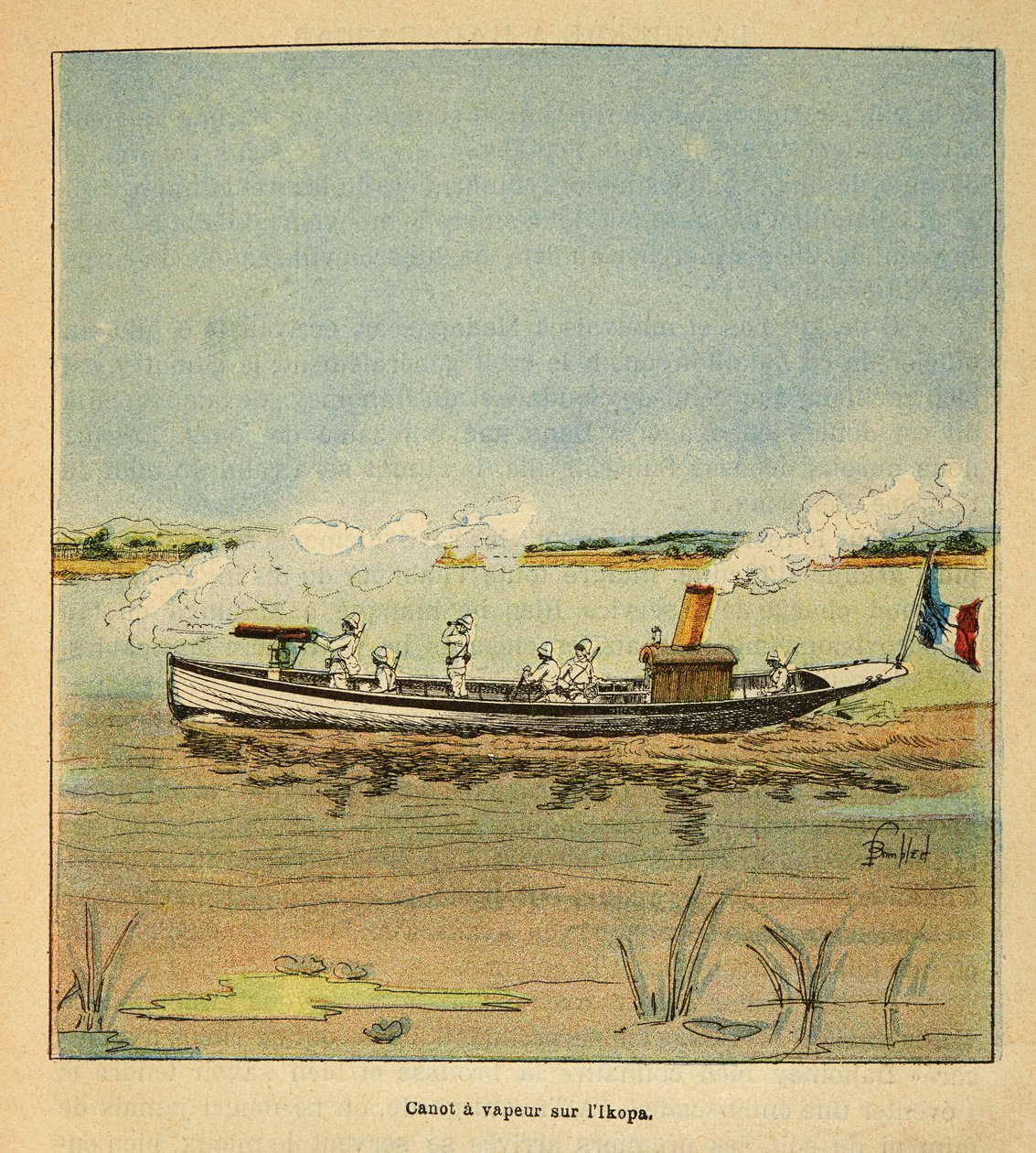 Madagaskarin sota - Henri Galli dit Galllichetin (1854-1922) ranskalaisten tutkimusretkien anekdoottinen historia, kuvittanut Louis Bombled (1862-1927): Ranskan kanonnikki Ikopa-joella Madagaskarilla vuonna 1895, yksityinen kokoelma tekijältä Louis Charles Bombled