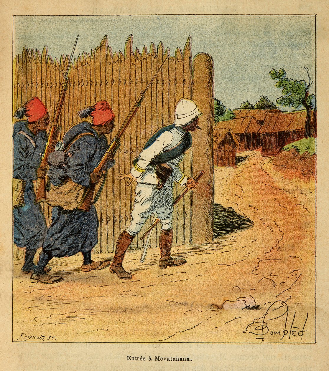 Madagaskarin sota - Henri Galli dit Galllichetin (1854-1922) ranskalaisten tutkimusretkien anekdoottinen historia, kuvittanut Louis Bombled (1862-1927): Ranskan joukot saapuivat Mevatananan kylään vuonna 1895, yksityinen kokoelma tekijältä Louis Charles Bombled