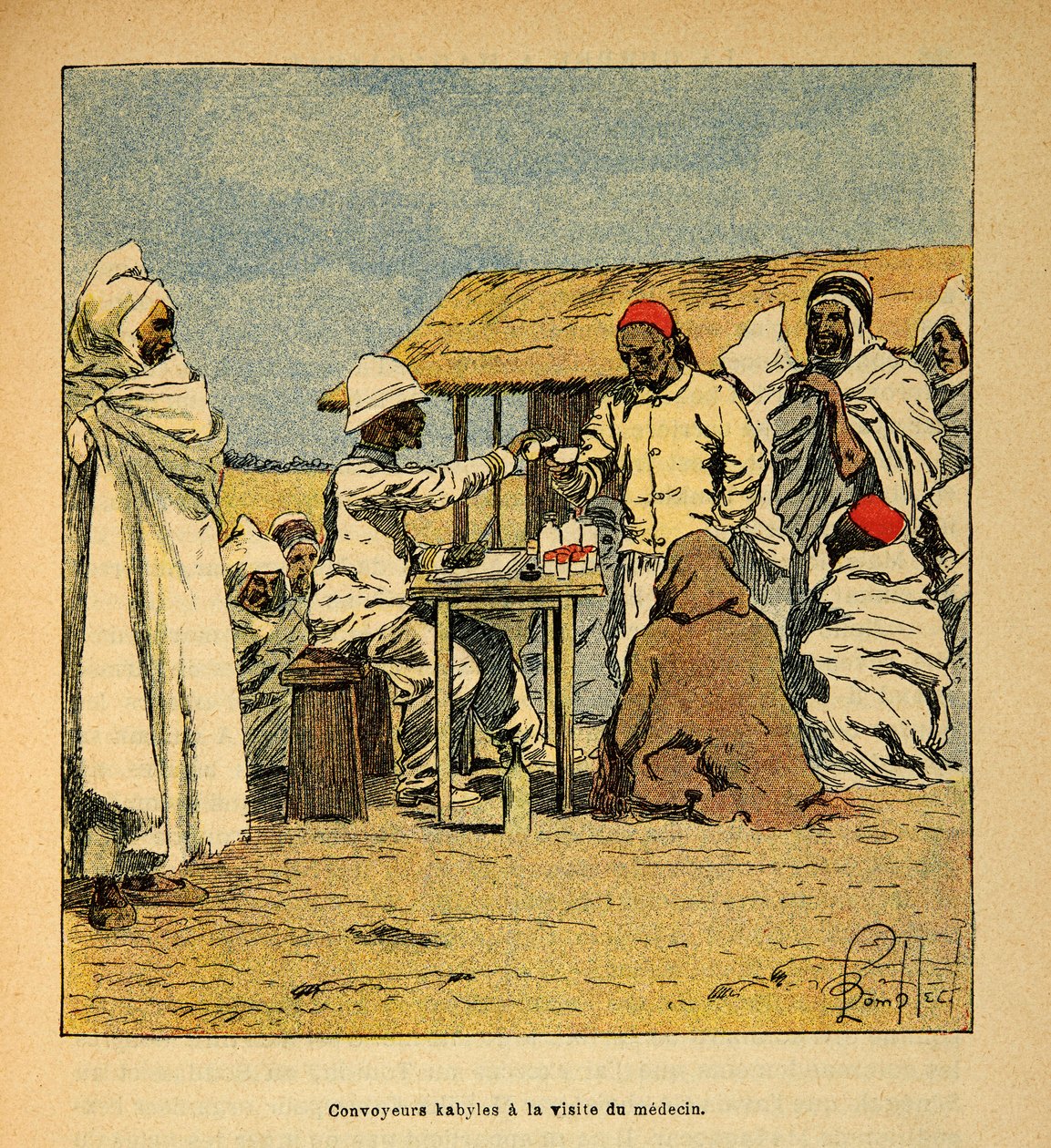 Madagaskarin sota - Henri Galli dit Galllichetin (1854-1922) ranskalaisten tutkimusretkien anekdoottinen historia, kuvittanut Louis Bombled (1862-1927): Convoyeurs Kabiles sotilaslääkärin vierailulla, yksityinen kokoelma tekijältä Louis Charles Bombled