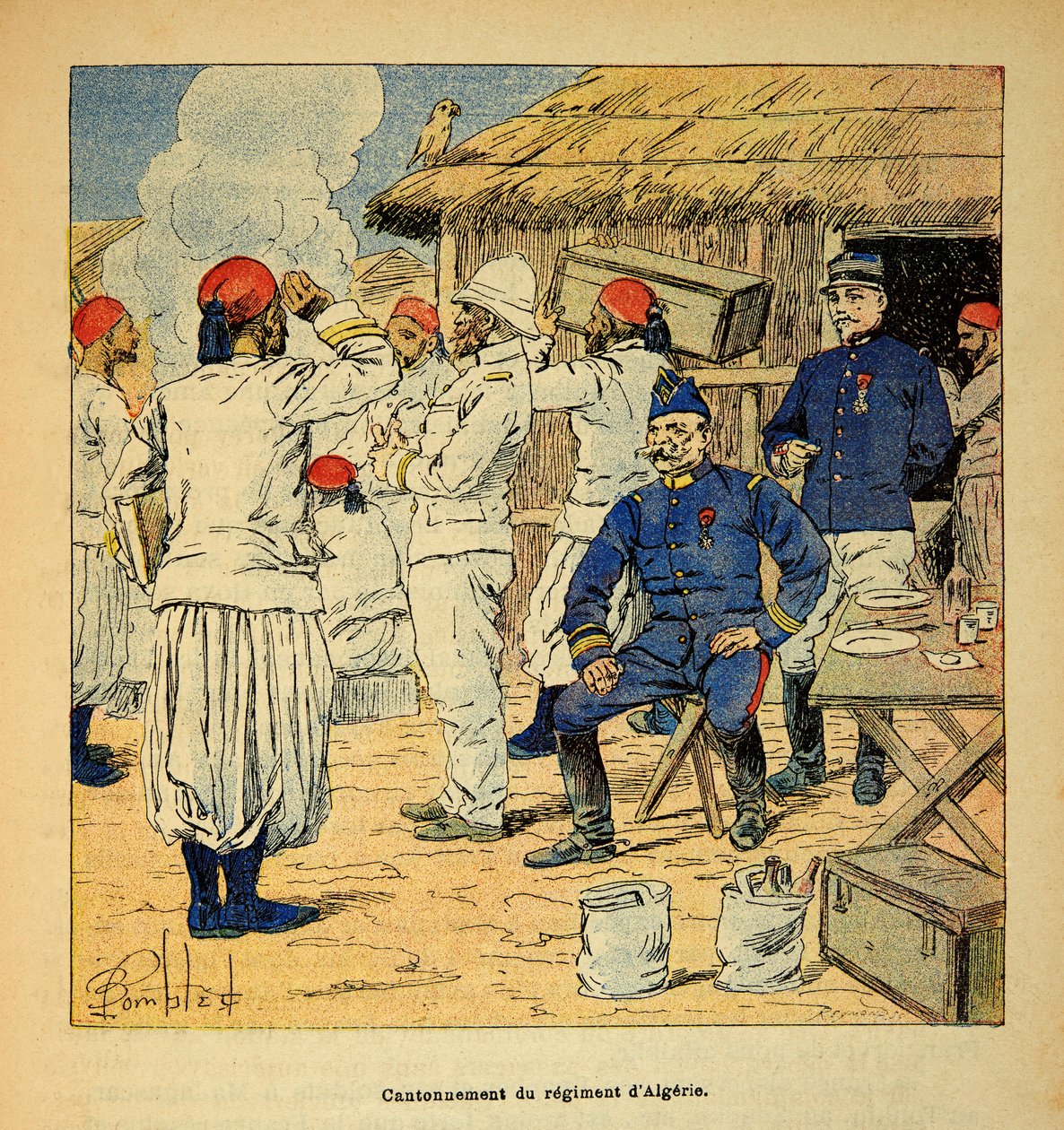 Madagaskarin sota - Henri Galli dit Galllichetin (1854-1922) ranskalaisten tutkimusmatkojen anekdoottinen historia, kuvittanut Louis Bombled (1862-1927): Algerian rykmentin kantonointi Ranskan retkikunnan aikana Madagaskarille vuonna 1895 , P tekijältä Louis Charles Bombled