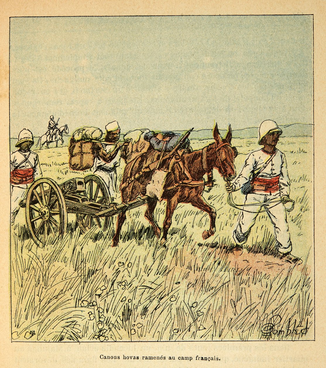 Madagaskarin sota - Henri Galli dit Galllichet (1854-1922) ranskalaisten tutkimusretkien anekdoottinen historia, kuvittanut Louis Bombled (1862-1927): Hovas-kaanonit tuotu takaisin ranskalaiselle leirille, Yksityinen kokoelma tekijältä Louis Charles Bombled