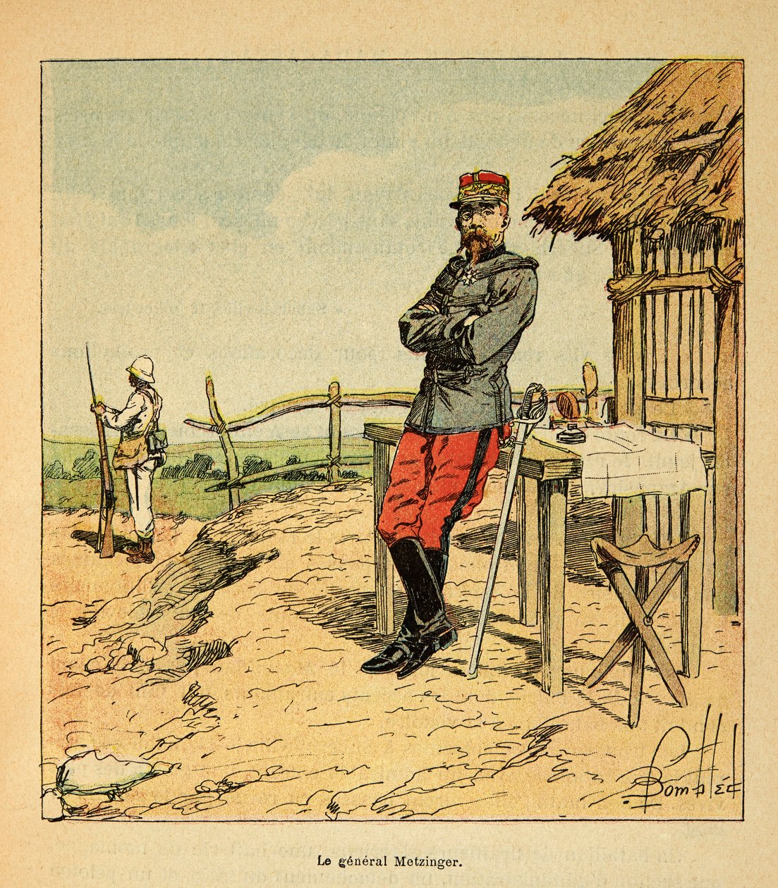 Madagaskarin sota - Henri Galli dit Galllichetin (1854-1922) ranskalaisten tutkimusmatkojen anekdoottinen historia, kuvittanut Louis Bombled (1862-1927): Kenraali Metzingerin muotokuva Madagaskarilla vuonna 1895, yksityinen kokoelma tekijältä Louis Charles Bombled
