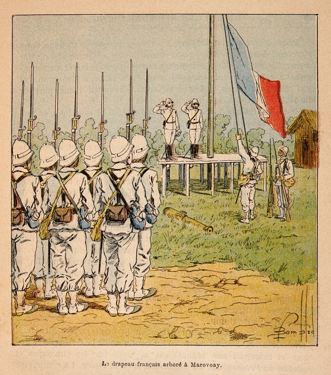 Madagaskarin sota - Henri Galli dit Galllichetin (1854-1922) ranskalaisten tutkimusretkien anekdoottinen historia, kuvittanut Louis Bombled (1862-1927): Ranskan lippu kelluu Marovoayssa vuonna 1895, yksityinen kokoelma tekijältä Louis Charles Bombled
