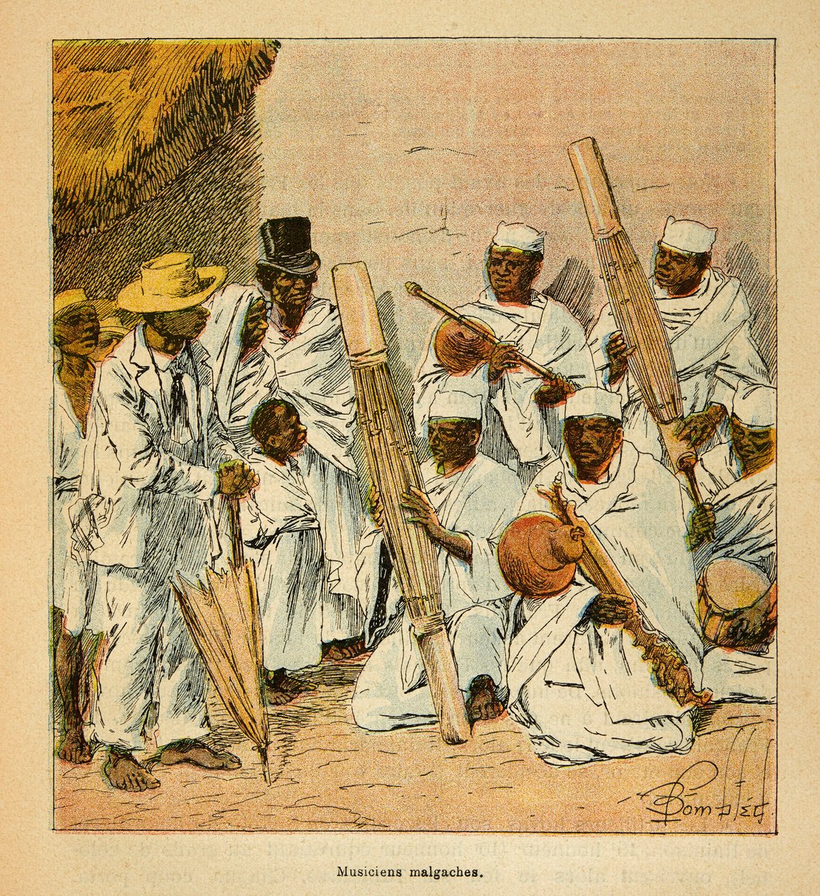 Madagaskarin sota - Henri Galli dit Galllichetin (1854-1922) ranskalaisten tutkimusretkien anekdoottinen historia, kuvittanut Louis Bombled (1862-1927): Madagaskarin muusikot 1800-luvulla, yksityinen kokoelma tekijältä Louis Charles Bombled