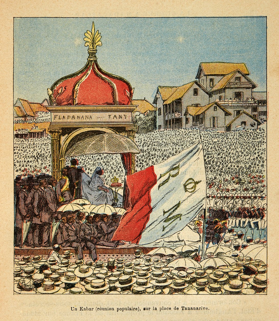Madagaskarin sota - Henri Galli dit Galllichet (1854-1922) ranskalaisten tutkimusretkien anekdoottinen historia, kuvittanut Louis Bombled (1862-1927): Kabar (suosittu tapaaminen) Tananariven aukiolla 1800-luvulla Qu:n läsnäolo tekijältä Louis Charles Bombled