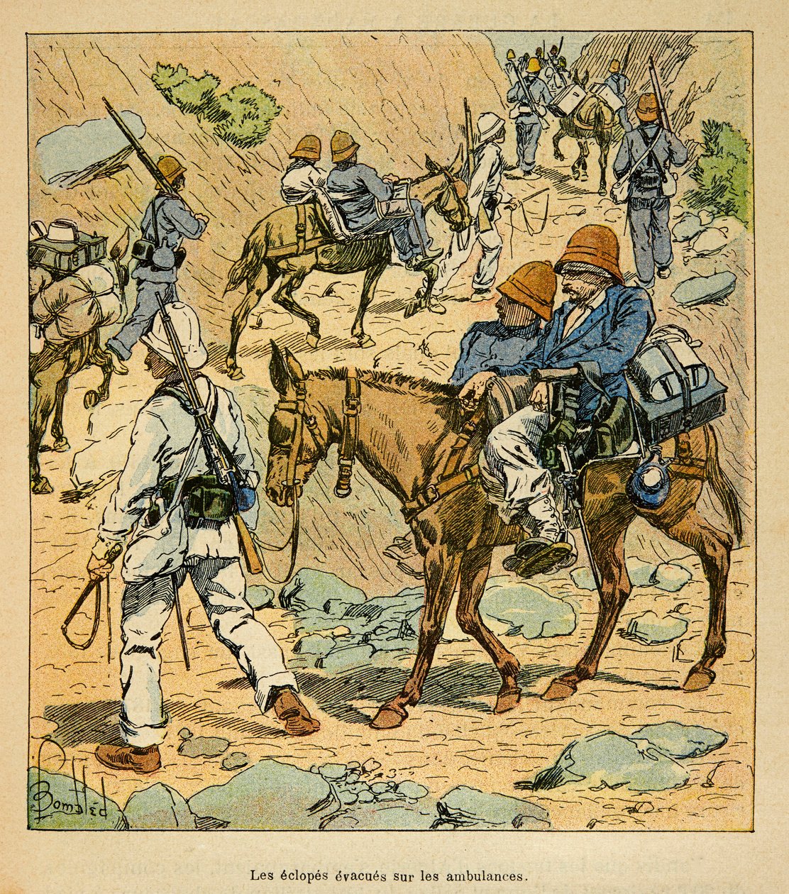 Madagaskarin sota - Henri Galli dit Galllichetin (1854-1922) ranskalaisten tutkimusretkien anekdoottinen historia, kuvittaja Louis Bombled (1862-1927): The Eclopes of the Escapes on Fortune Ambulances in Madagaskar, yksityinen kokoelma tekijältä Louis Charles Bombled