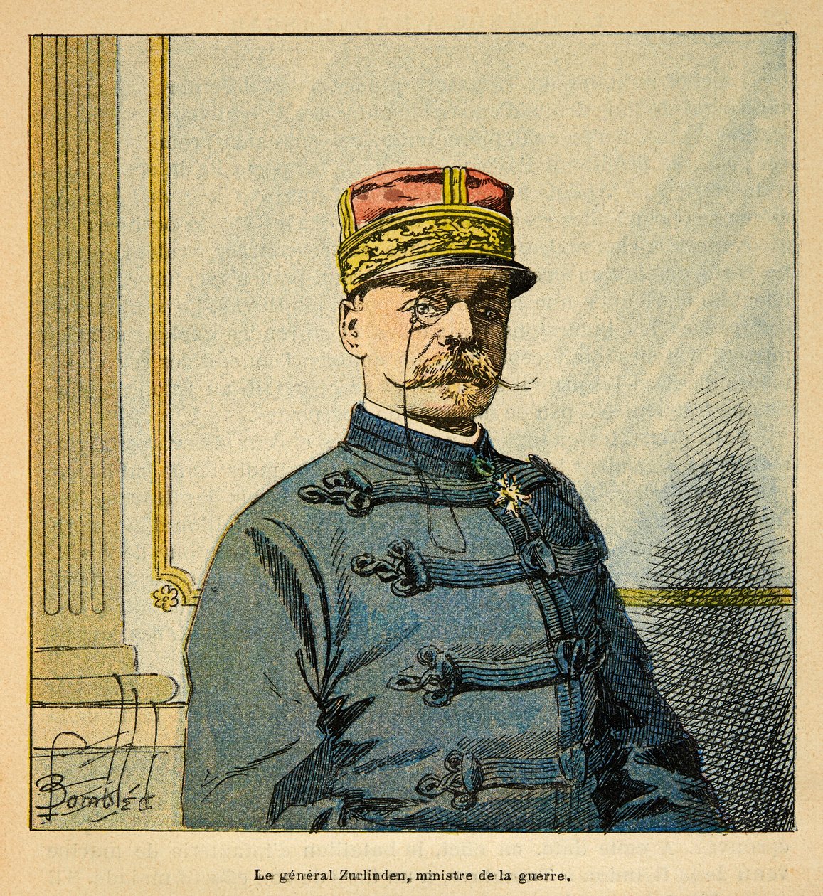 Madagaskarin sota - Henri Galli dit Galllichet (1854-1922) ranskalaisten tutkimusretkien anekdoottinen historia, kuvittanut Louis Bombled (1862-1927): Ministerin kenraali Emile Auguste Francois Zurlindenin (1837-1929) muotokuva of War, sotamies C tekijältä Louis Charles Bombled