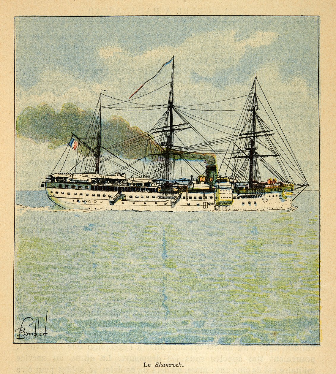 Madagaskarin sota - Henri Galli dit Galllichetin (1854-1922) ranskalaisten tutkimusretkien anekdoottinen historia, kuvittaja Louis Bombled (1862-1927): Sairaalaalus "Shamrock" matkalla Madagaskarille, yksityinen kokoelma tekijältä Louis Charles Bombled