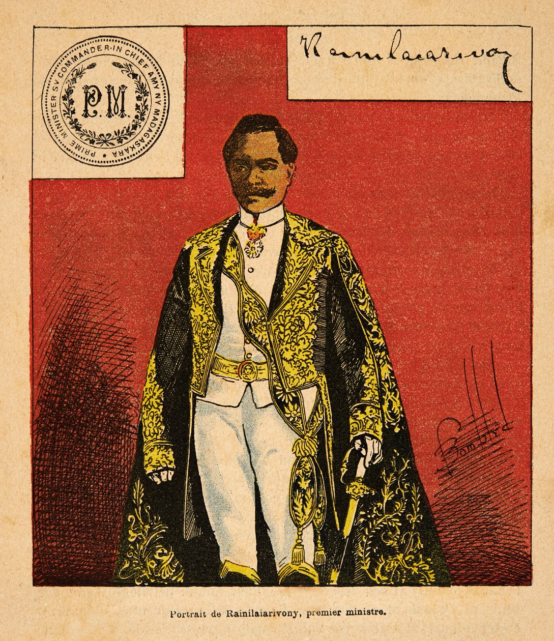 Madagaskarin sota - Henri Galli dit Galllichetin (1854-1922) ranskalaisten tutkimusretkien anekdoottinen historia, kuvittanut Louis Bombled (1862-1927): Pääministeri Rainilaiarivonyn (1828-1896) muotokuva, yksityinen kokoelma tekijältä Louis Charles Bombled
