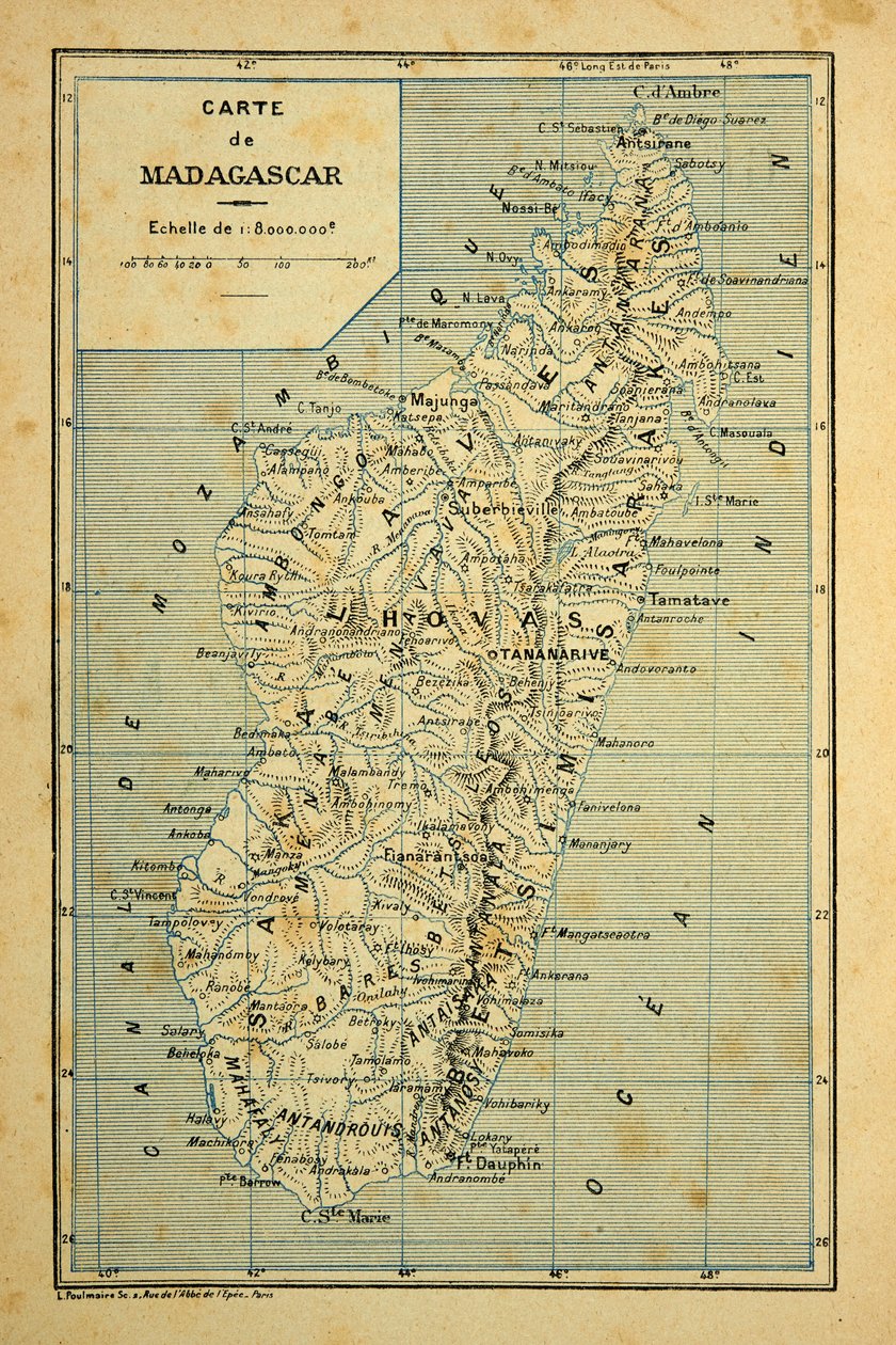 Madagaskarin sota - Henri Galli dit Galllichetin (1854-1922) ranskalaisten tutkimusretkien anekdoottinen historia, kuvittaja Louis Bombled (1862-1927): Madagaskarin kartta, yksityinen kokoelma tekijältä Louis Charles Bombled