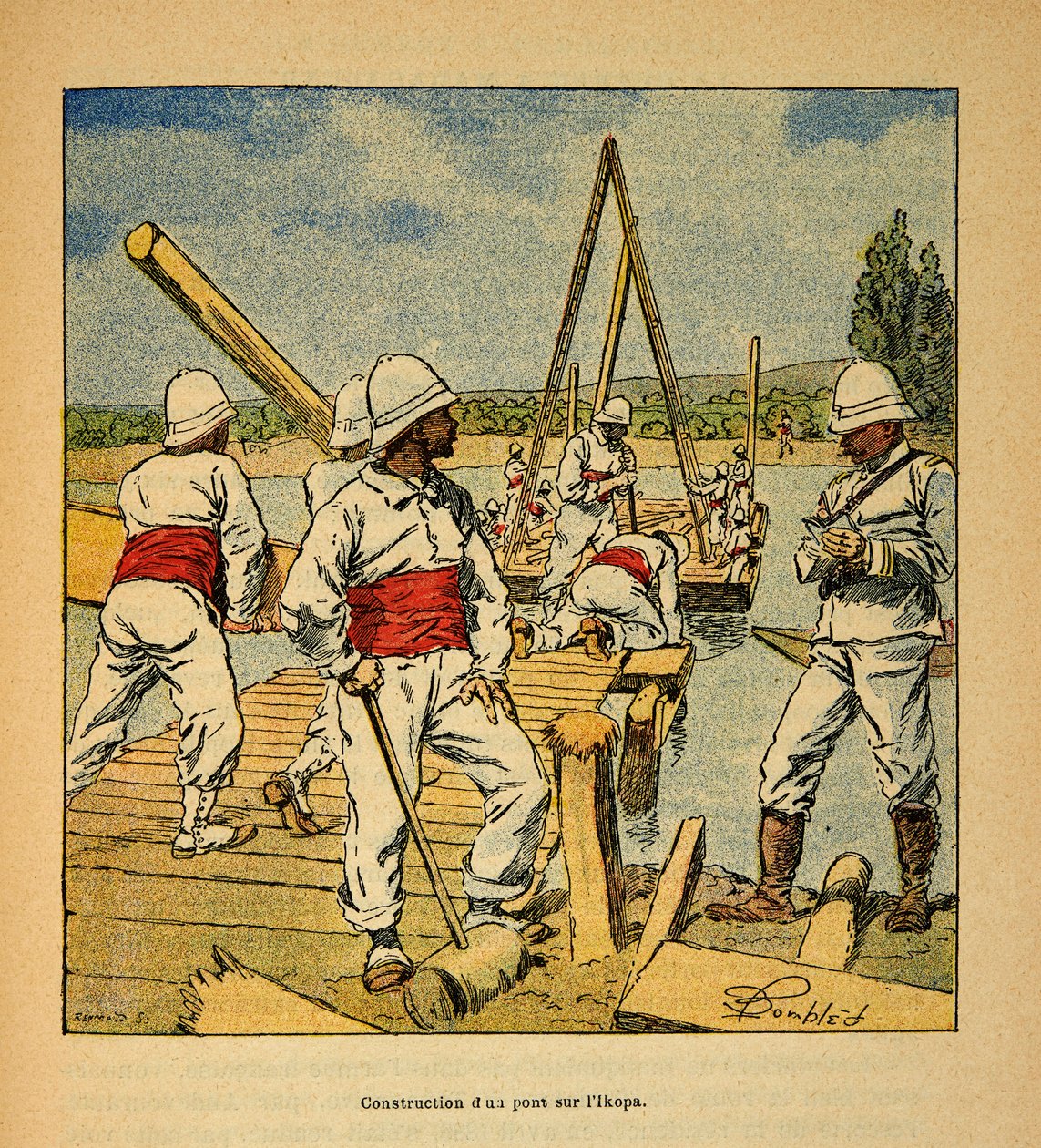 Madagaskarin sota - Henri Galli dit Galllichetin (1854-1922) ranskalaisten tutkimusretkien anekdoottinen historia, kuvittaja Louis Bombled (1862-1927): Genien rakentama silta Ikopa-joelle vuonna 1895, Yksityinen kokoelma tekijältä Louis Charles Bombled