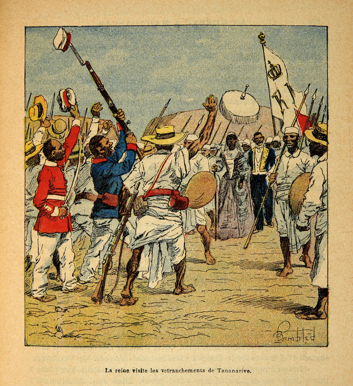 Madagaskarin sota - Henri Galli dit Galllichetin (1854-1922) ranskalaisten tutkimusretkien anekdoottinen historia, kuvittanut Louis Bombled (1862-1927): Kuningatar Ranavalona vierailee Tananariven juurella vuonna 1895, yksityinen kokoelma tekijältä Louis Charles Bombled
