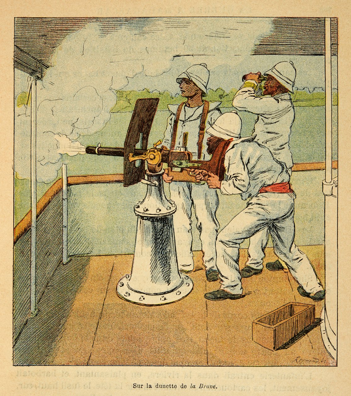 Madagaskarin sota - Henri Galli dit Galllichetin (1854-1922) ranskalaisten tutkimusretkien anekdoottinen historia vuosien 1885-1895, kuvittaja Louis Bombled (1862-1927): Kanuunan laukaus Hovasin kanonieressa "" La Brave "" vuonna 1895, yksityinen kokoelma tekijältä Louis Charles Bombled