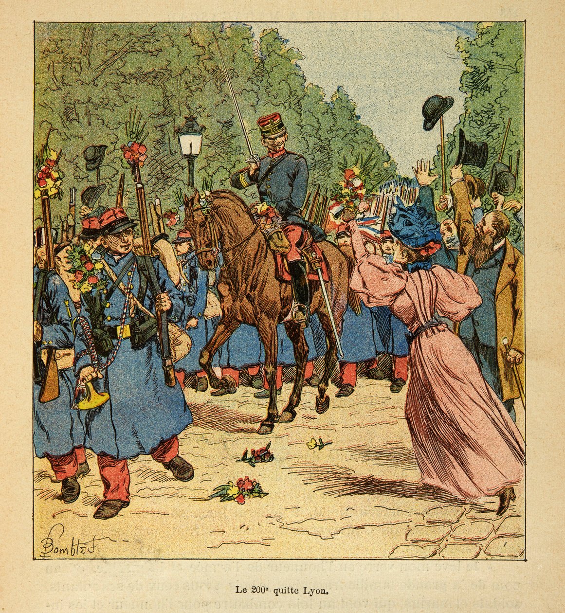 Madagaskarin sota - Ranskan sotaretkien historia 1885-1895, kirjoittanut Henri Galli dit Galllichet (1854-1922), kuvittanut Louis Bombled (1862-1927): 200. linja lähtee Lyonista Madagaskariin vuonna 1895, yksityiskokoelma. tekijältä Louis Charles Bombled