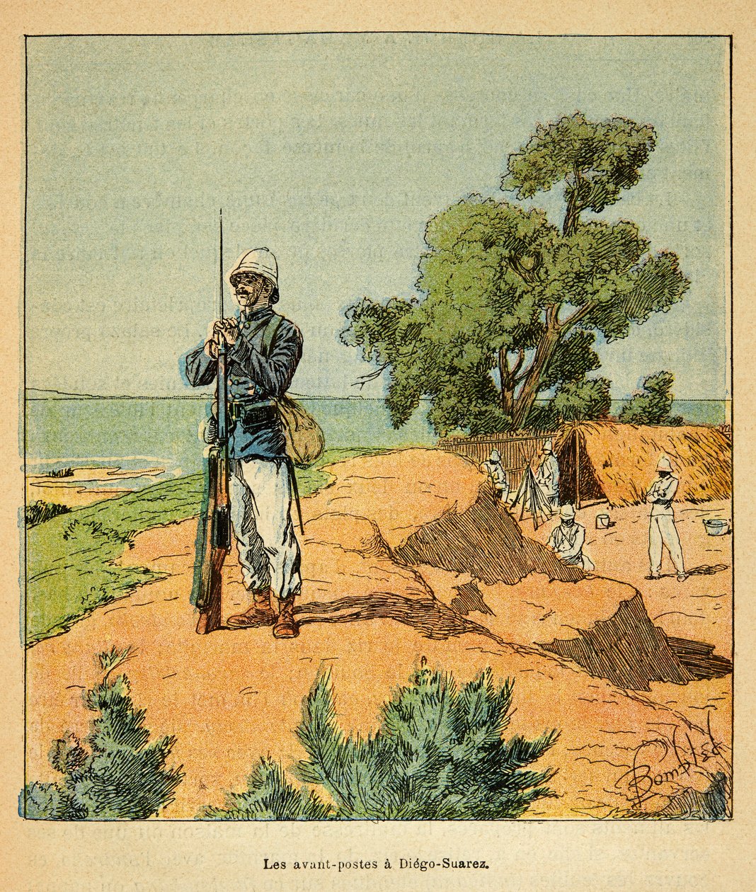 Madagaskarin sota - Ranskan sotaretkien historia 1885-1895, kirjoittanut Henri Galli dit Galllichet (1854-1922), kuvittanut Louis Bombled (1862-1927): Ranskan etuvartioasema Diego-Suarezissa Madagaskarilla vuonna 1885, yksityiskokoelma. tekijältä Louis Charles Bombled