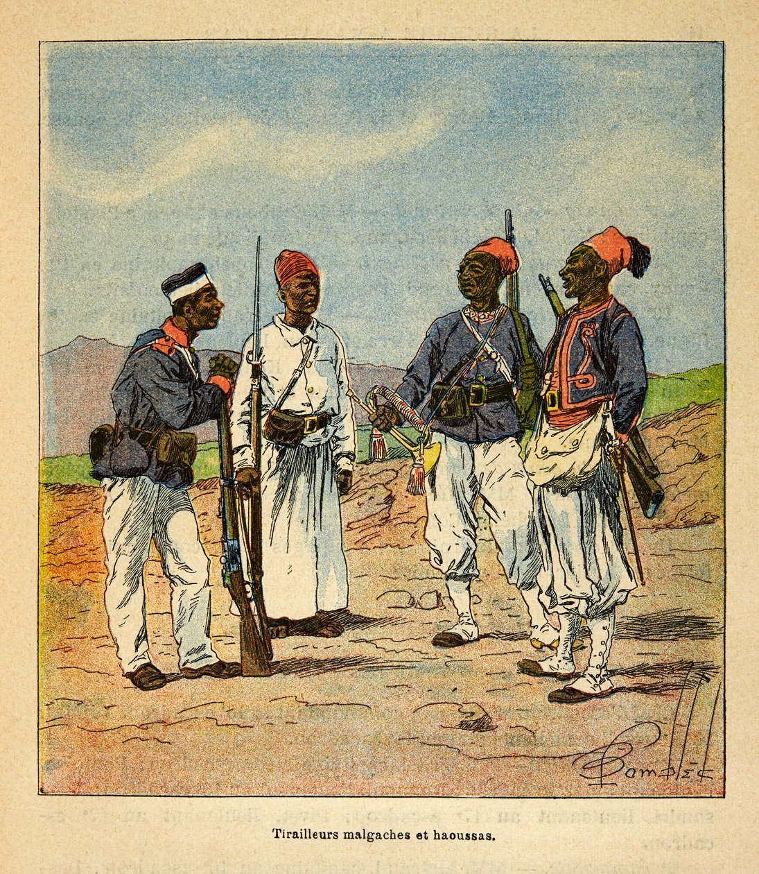 Madagaskarin sota - Ranskan sotaretkien historia 1885-1895, kirjoittanut Henri Galli dit Galllichet (1854-1922), kuvittanut Louis Bombled (1862-1927): Madagaskarin ja Haoussas Tirailleurs, yksityiskokoelma. tekijältä Louis Charles Bombled