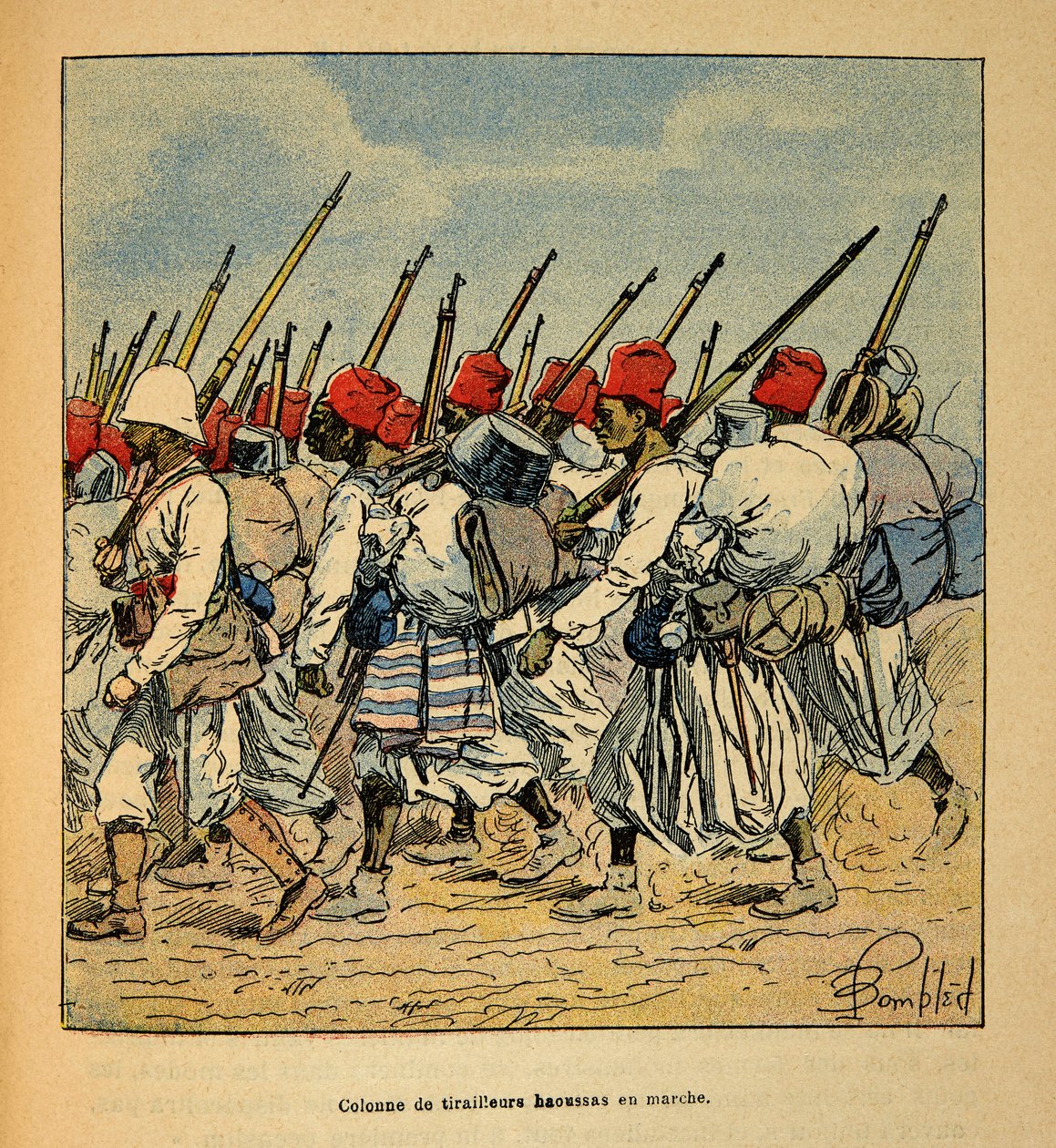 Madagaskarin sota - Henri Galli dit Galllichetin (1854-1922) ranskalaisten tutkimusretkien anekdoottinen historia, kuvittaja Louis Bombled (1862-1927): Haoussas Tirailleursin pylväs marssimassa vuonna 1895, yksityinen kokoelma tekijältä Louis Charles Bombled