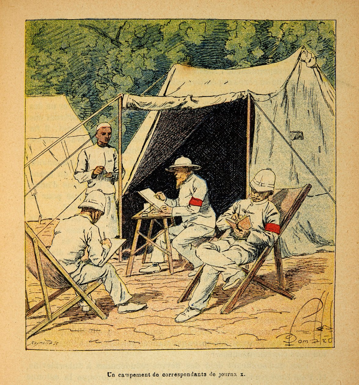Madagaskarin sota - Ranskan sotaretkien historia 1885-1895, kirjoittanut Henri Galli dit Galllichet (1854-1922), kuvittanut Louis Bombled (1862-1927): Sanomalehtien kirjeenvaihtajien leiri Madagaskarissa vuonna 1895, yksityiskokoelma. tekijältä Louis Charles Bombled