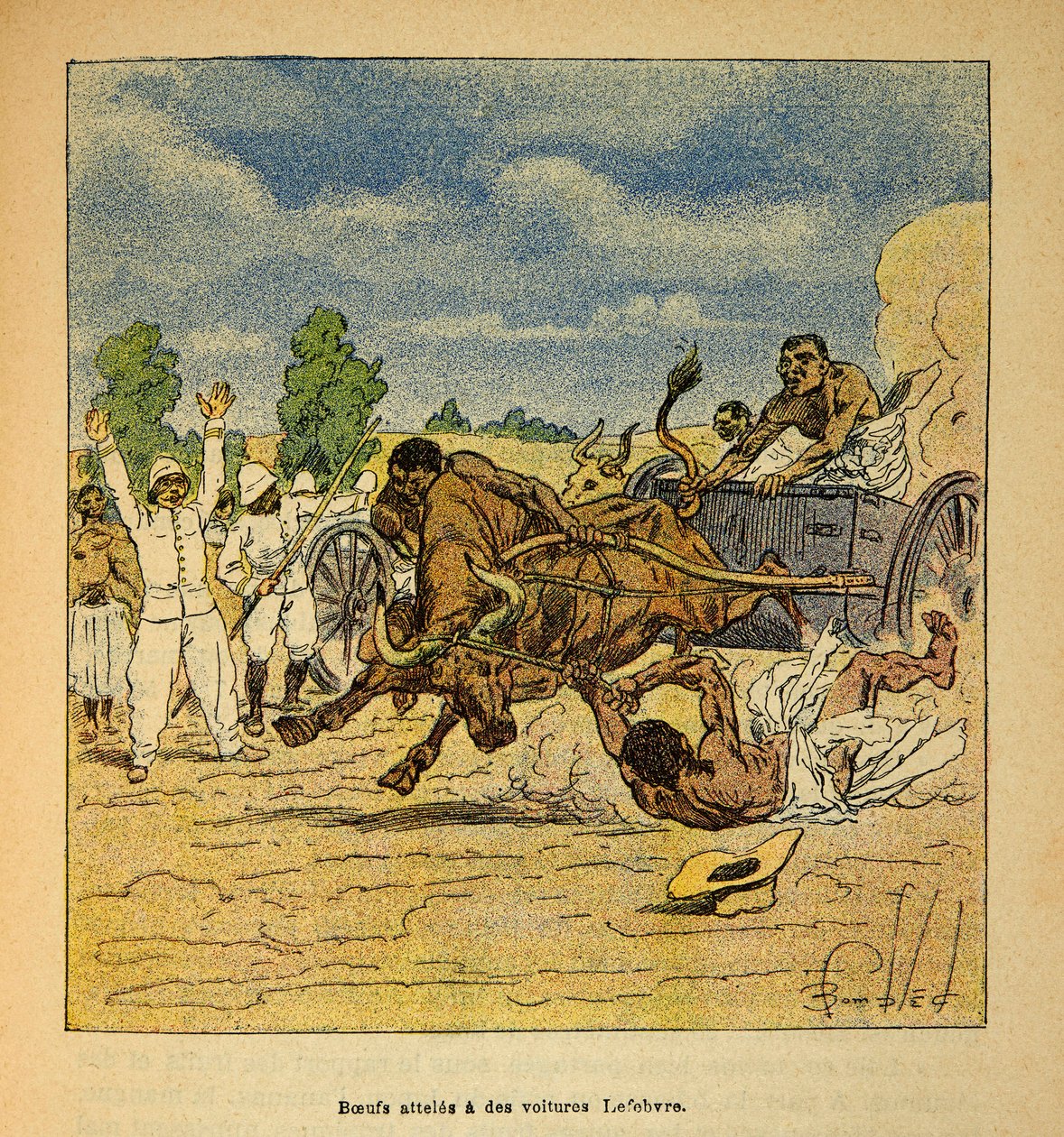 Madagaskarin sota - Henri Galli dit Galllichetin (1854-1922) ranskalaisten tutkimusretkien anekdoottinen historia, kuvittaja Louis Bombled (1862-1927): Boeufit autoilla Lefebvre, yksityinen kokoelma tekijältä Louis Charles Bombled