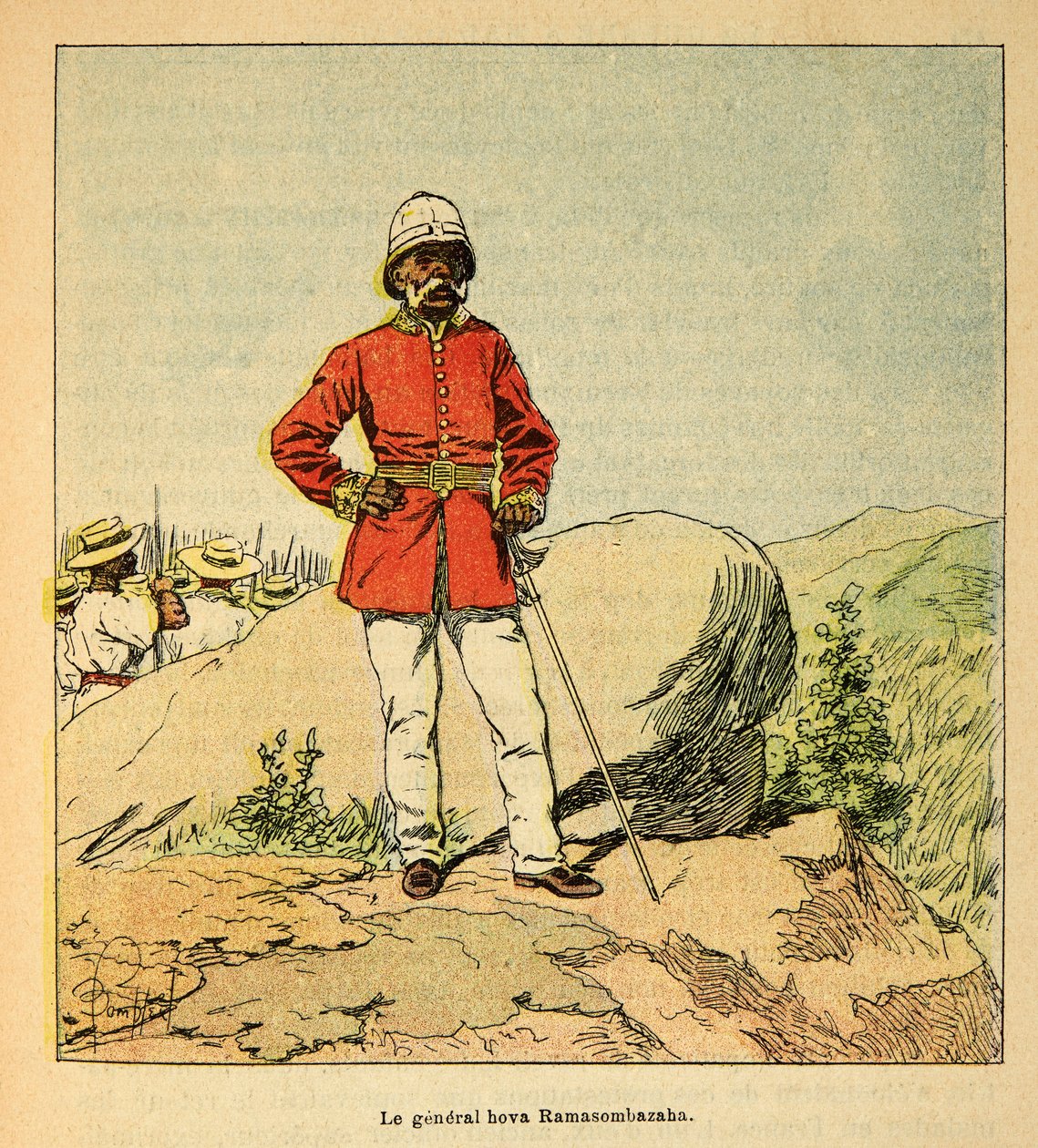 Madagaskarin sota - Henri Galli dit Galllichetin (1854-1922) ranskalaisten tutkimusretkien anekdoottinen historia, kuvittanut Louis Bombled (1862-1927): Kenraali Hova Ramasombazahan muotokuva, yksityinen kokoelma tekijältä Louis Charles Bombled