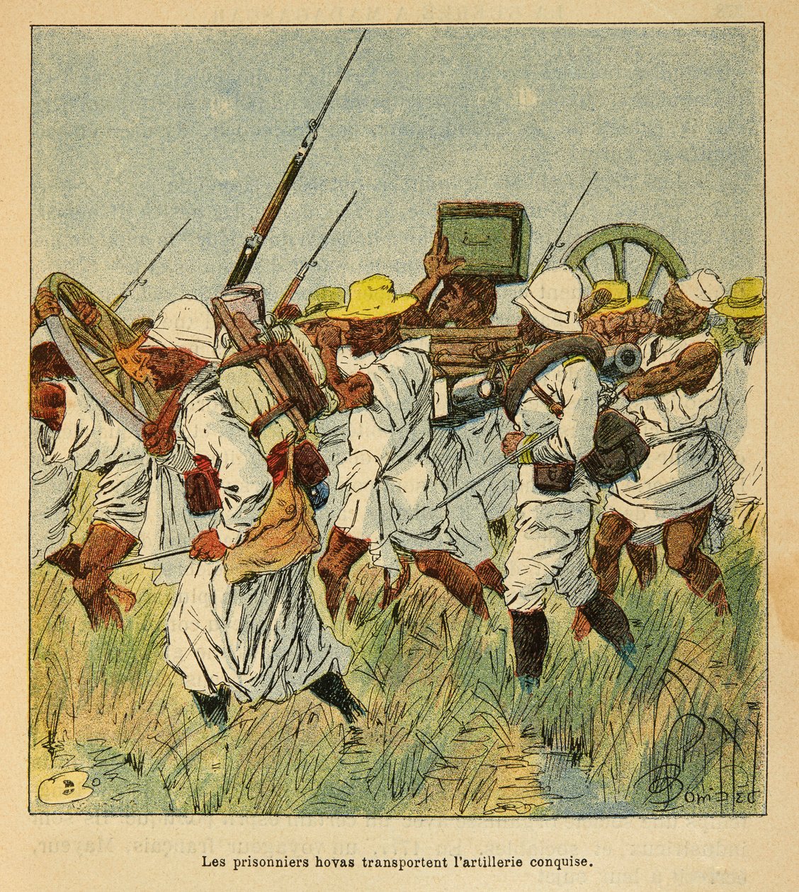Madagaskarin sota - Henri Galli dit Galllichetin (1854-1922) ranskalaisten tutkimusretkien anekdoottinen historia, kuvittanut Louis Bombled (1862-1927): Hova-vangit kuljettivat tykistöä, yksityinen kokoelma tekijältä Louis Charles Bombled